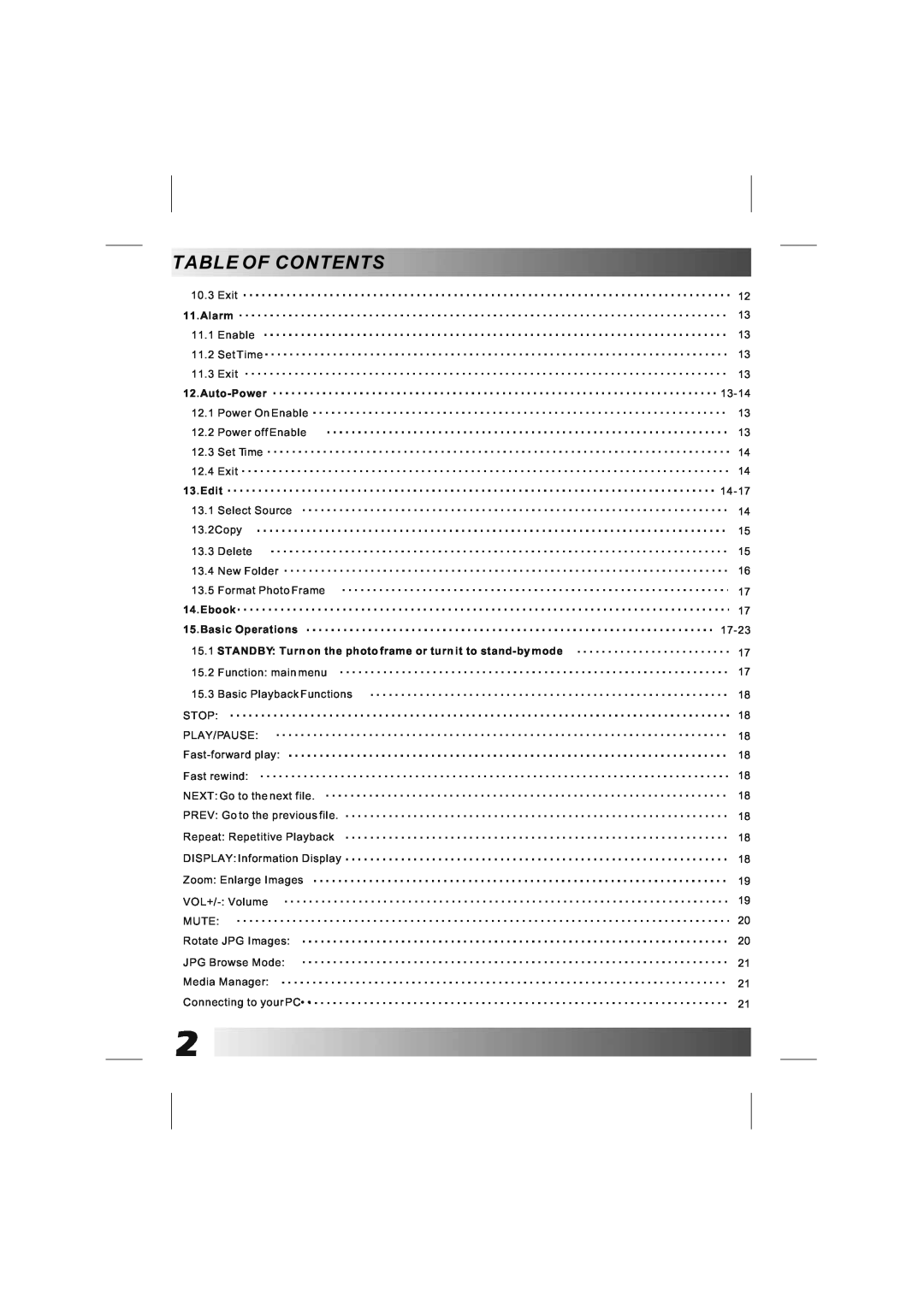 Bush DPF801/DPF1001 manual Table Of Contents, Alarm, Auto-Power, Edit, Ebook 15.Basic Operations 