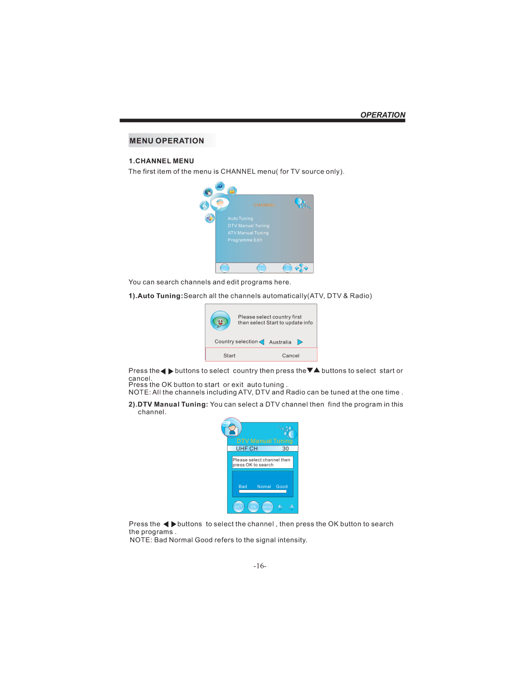 Bush HDHIGH DEFINITION SHEFFIELD IDLCD3205HDVI instruction manual Menu Operation, Channel Menu 