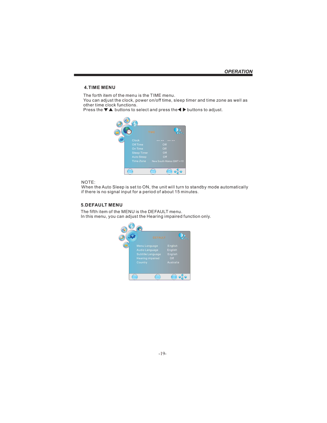 Bush HDHIGH DEFINITION SHEFFIELD IDLCD3205HDVI instruction manual Time Menu, Default Menu 