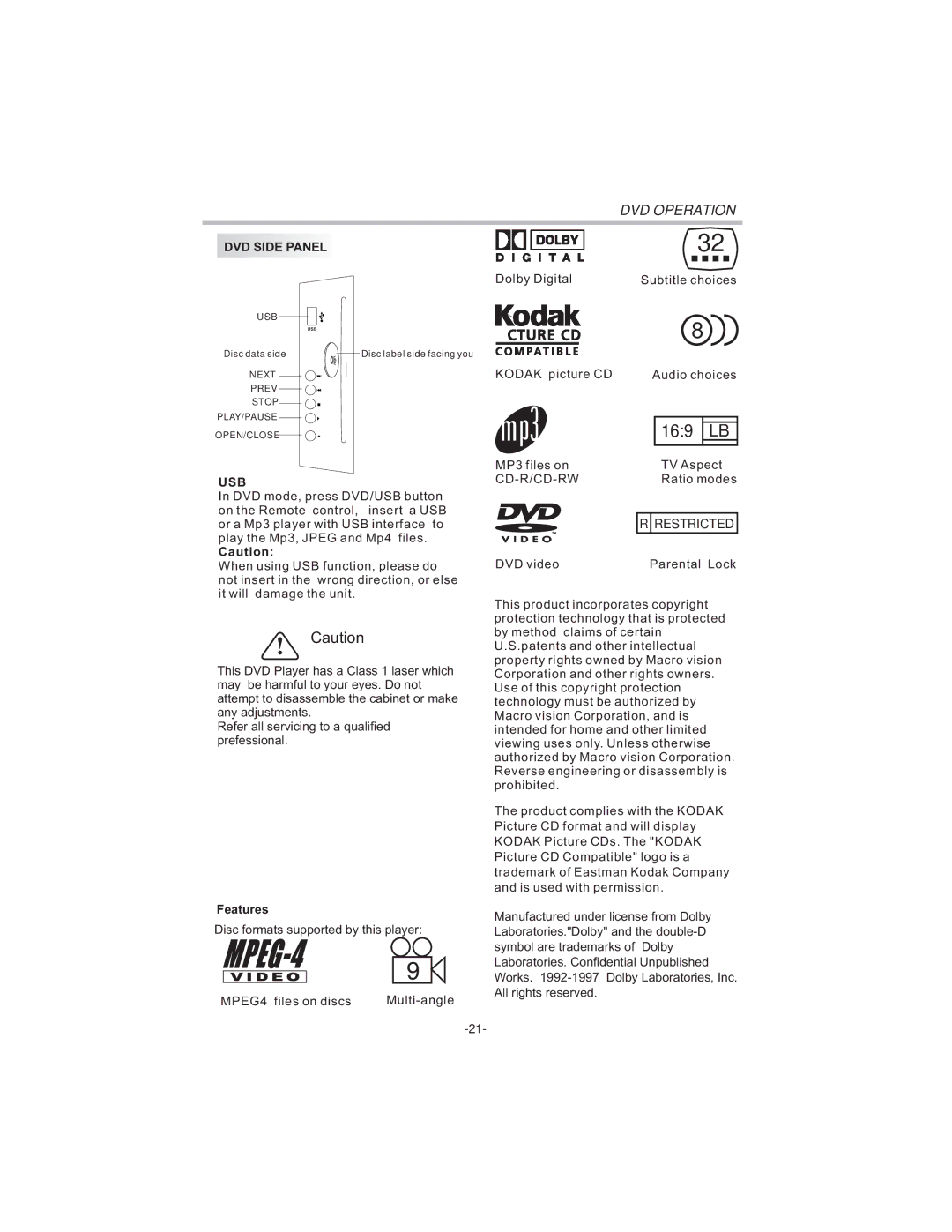 Bush HDHIGH DEFINITION SHEFFIELD IDLCD3205HDVI instruction manual DVD Operation, DVD Side Panel, Usb, Features 