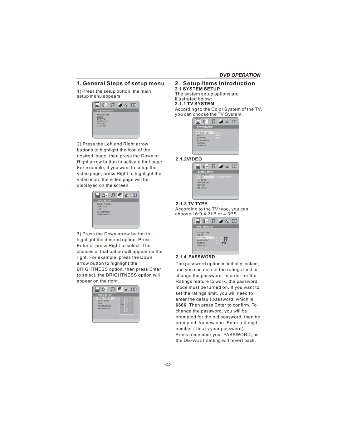 Bush HDHIGH DEFINITION SHEFFIELD IDLCD3205HDVI instruction manual System Setup, TV System, 2VIDEO, TV Type, Password 