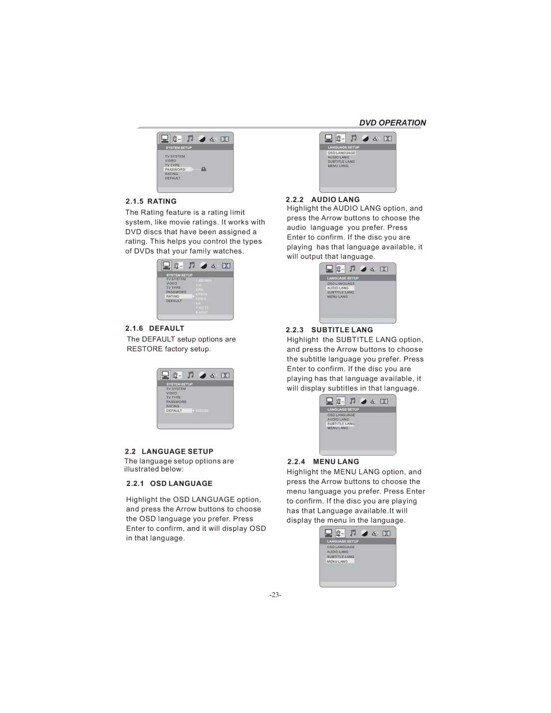 Bush HDHIGH DEFINITION SHEFFIELD IDLCD3205HDVI Default, Language Setup, OSD Language, Audio Lang, Subtitle Lang, Menu Lang 