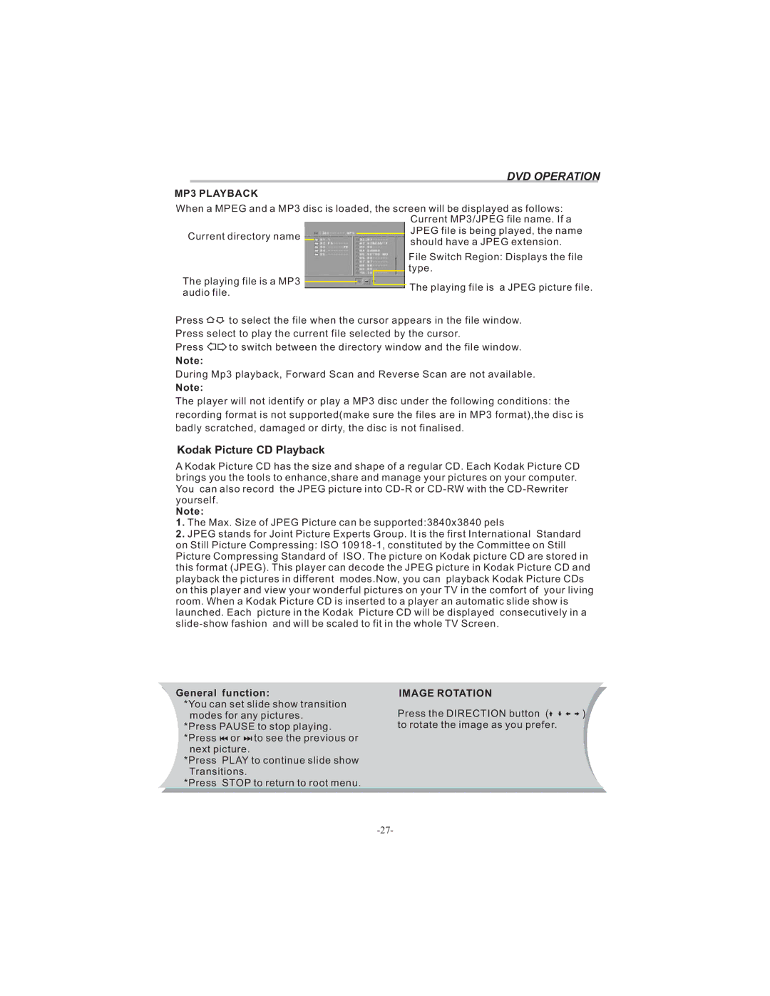 Bush HDHIGH DEFINITION SHEFFIELD IDLCD3205HDVI instruction manual MP3 Playback, General function, Image Rotation 