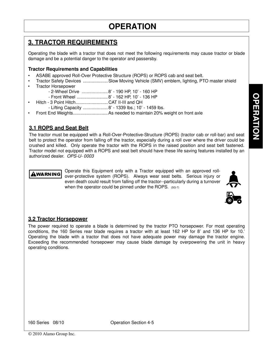 Bush Hog 00786976C manual Tractor Requirements, Rops and Seat Belt, Tractor Horsepower 