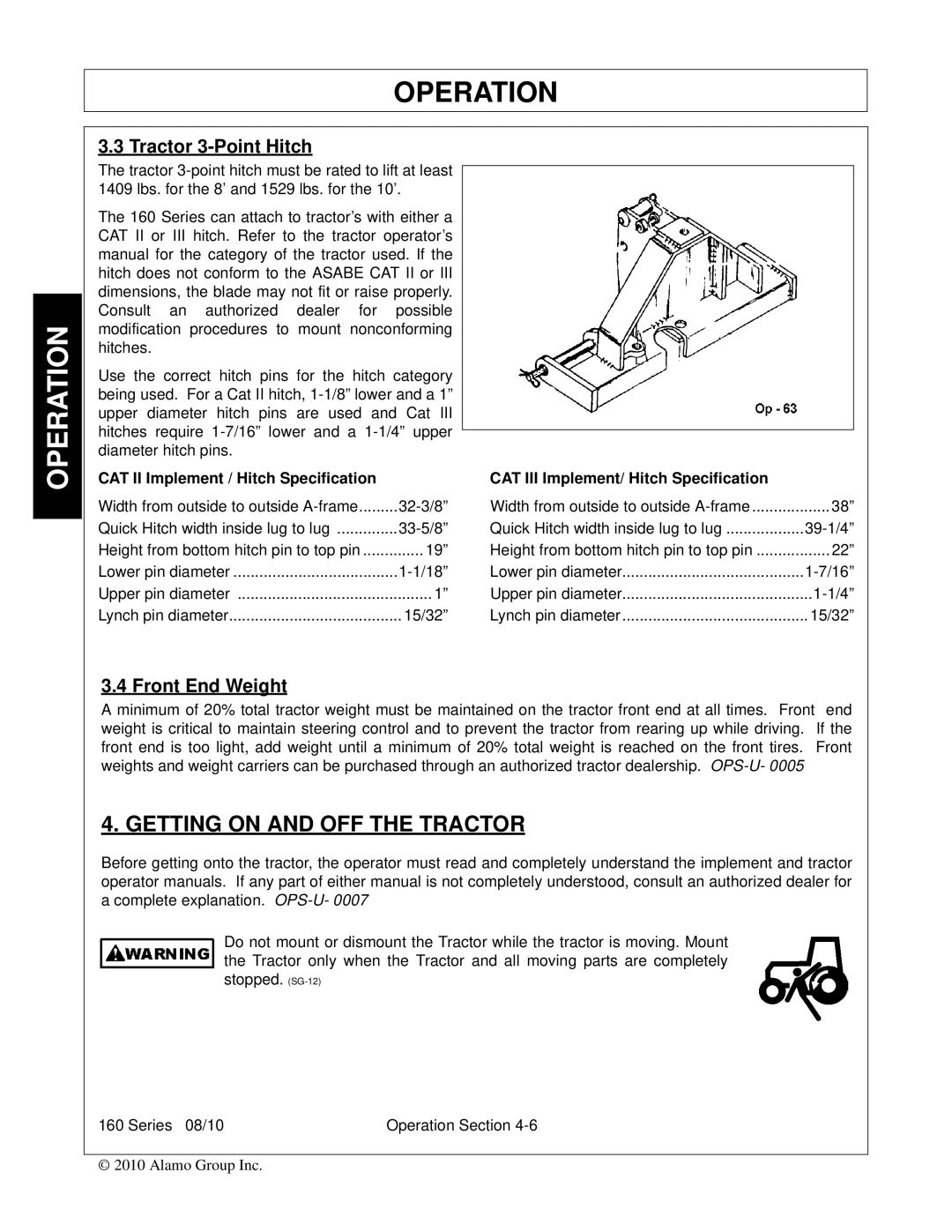 Bush Hog 00786976C manual Getting on and OFF the Tractor, Tractor 3-Point Hitch, Front End Weight 