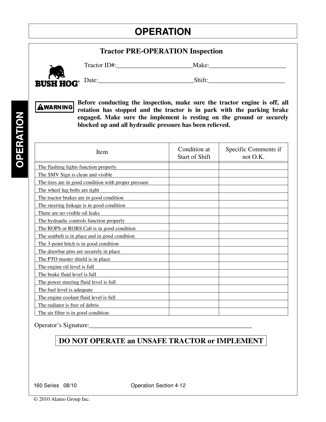 Bush Hog 00786976C manual Do not Operate an Unsafe Tractor or Implement 