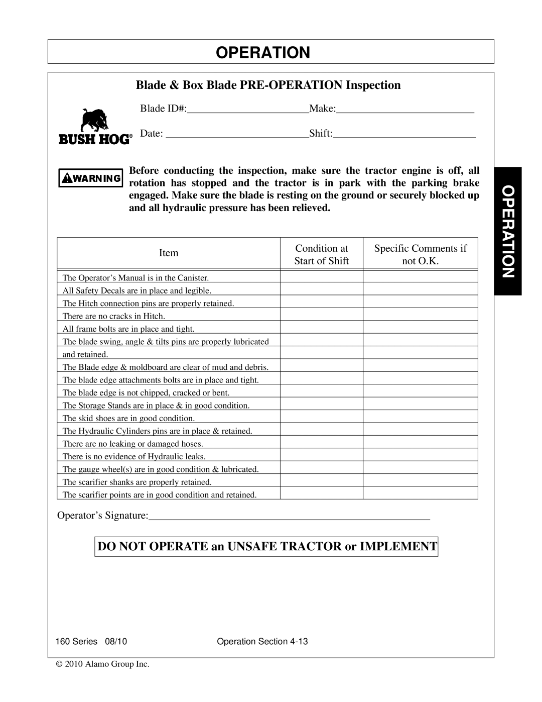 Bush Hog 00786976C manual Blade & Box Blade PRE-OPERATION Inspection 