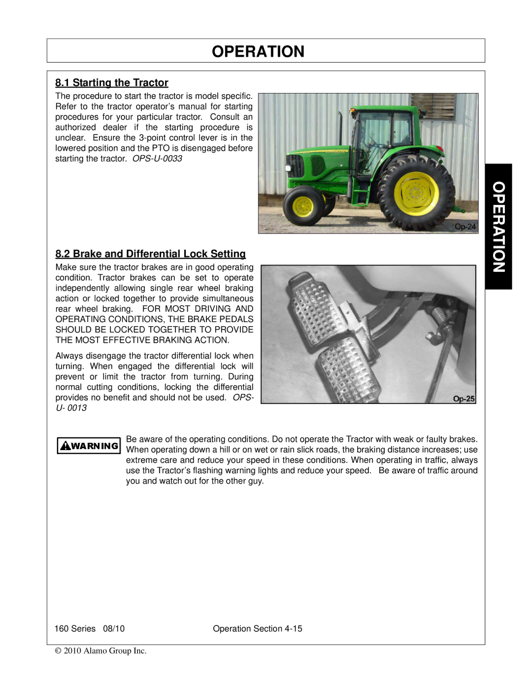 Bush Hog 00786976C manual Starting the Tractor, Brake and Differential Lock Setting 