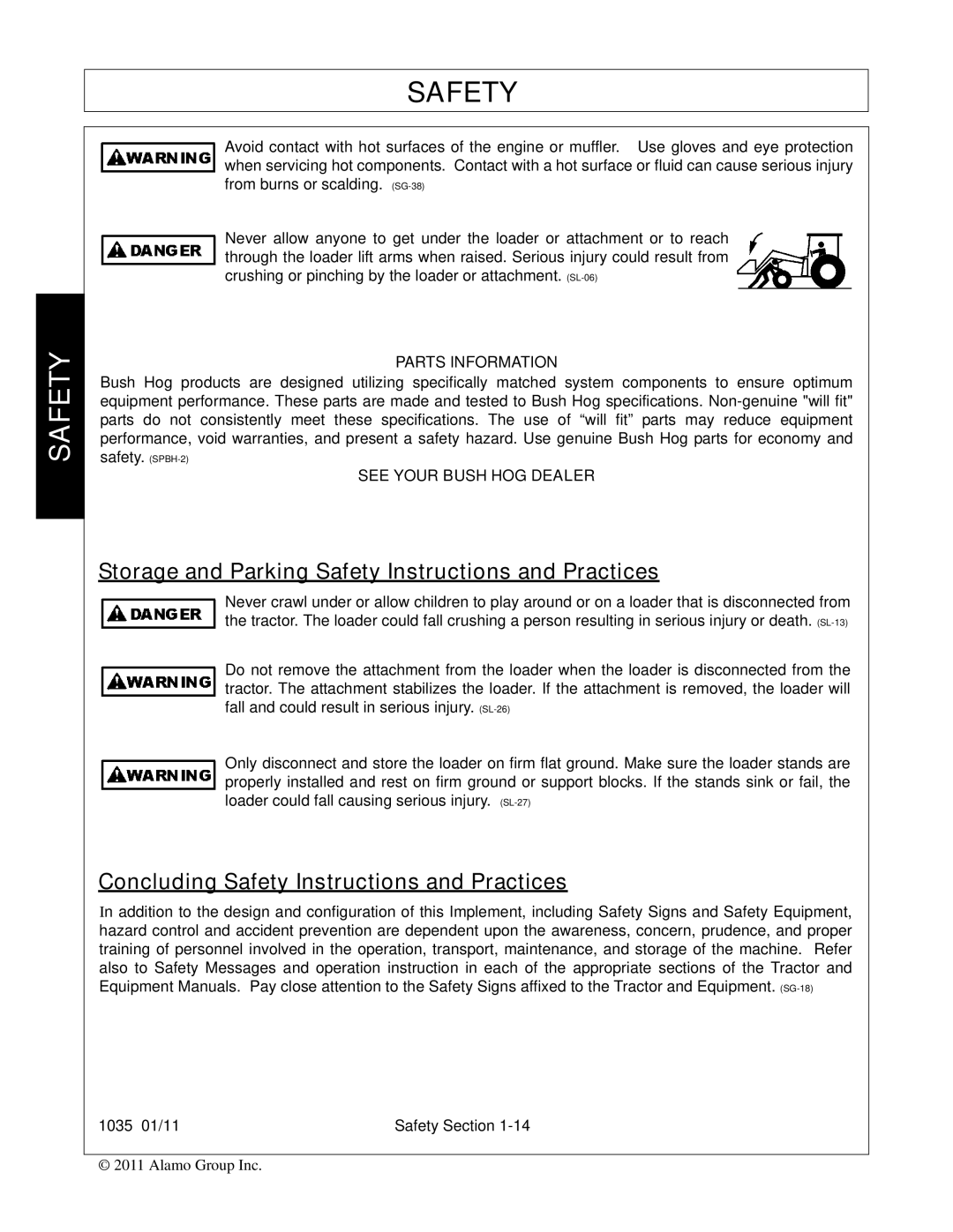 Bush Hog 1035 manual Storage and Parking Safety Instructions and Practices, Concluding Safety Instructions and Practices 