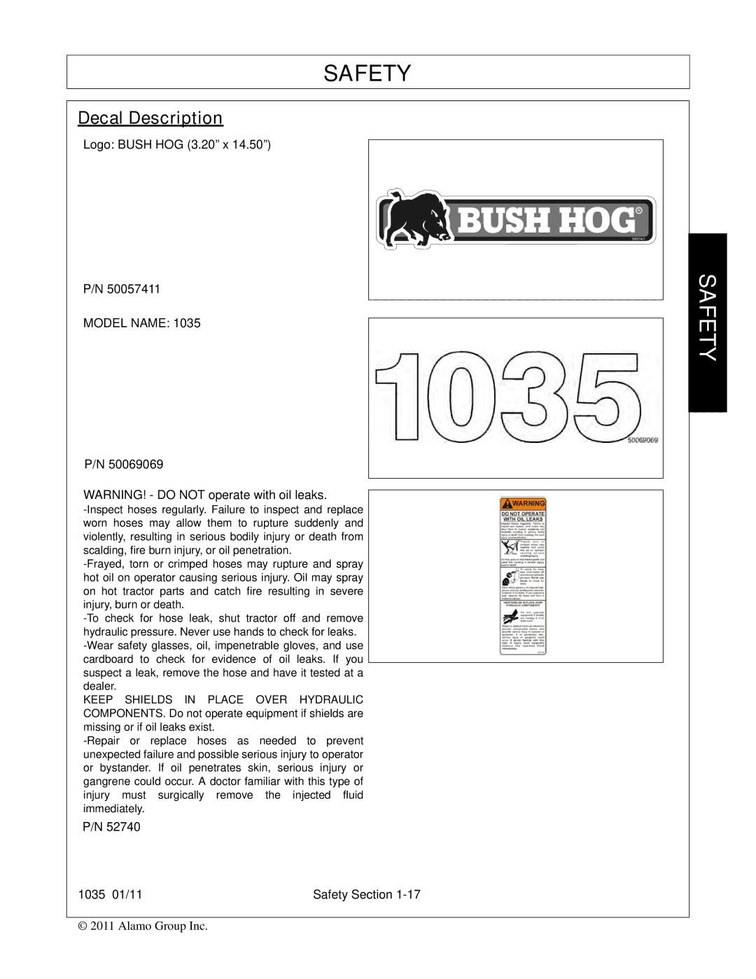 Bush Hog 1035 manual Decal Description, Model Name 