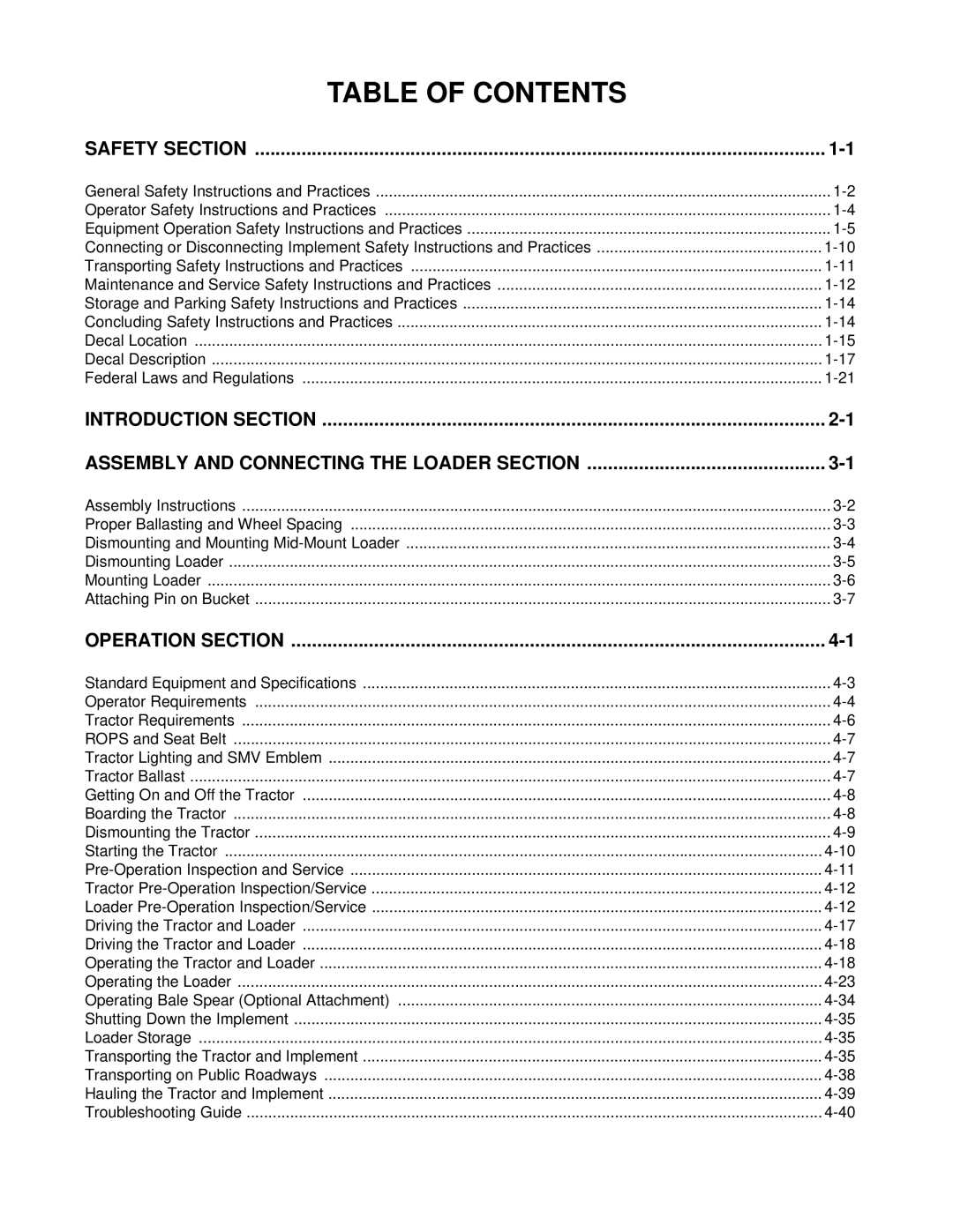 Bush Hog 1035 manual Table of Contents 