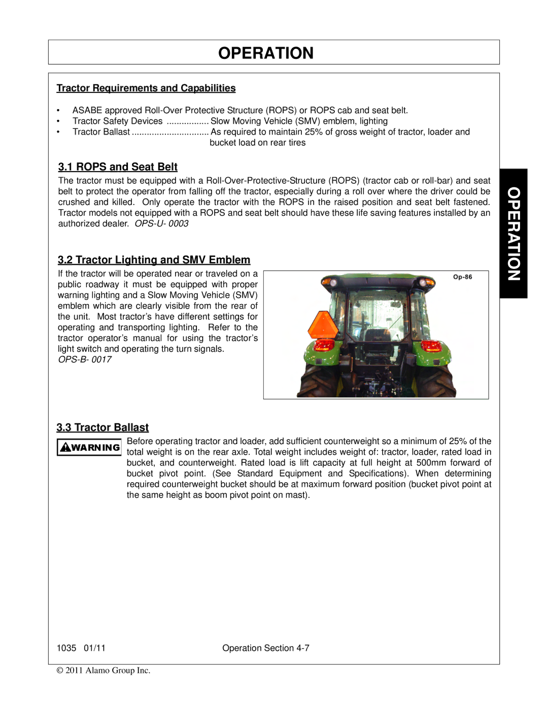 Bush Hog 1035 manual Rops and Seat Belt, Tractor Lighting and SMV Emblem, Tractor Ballast 