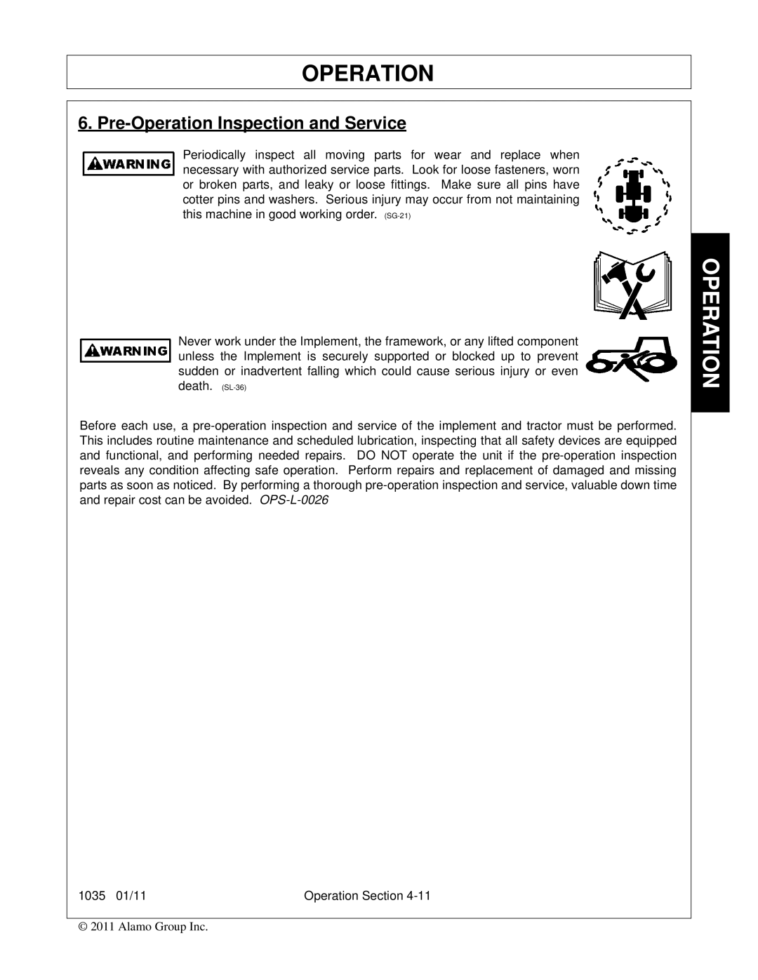 Bush Hog 1035 manual Pre-Operation Inspection and Service 