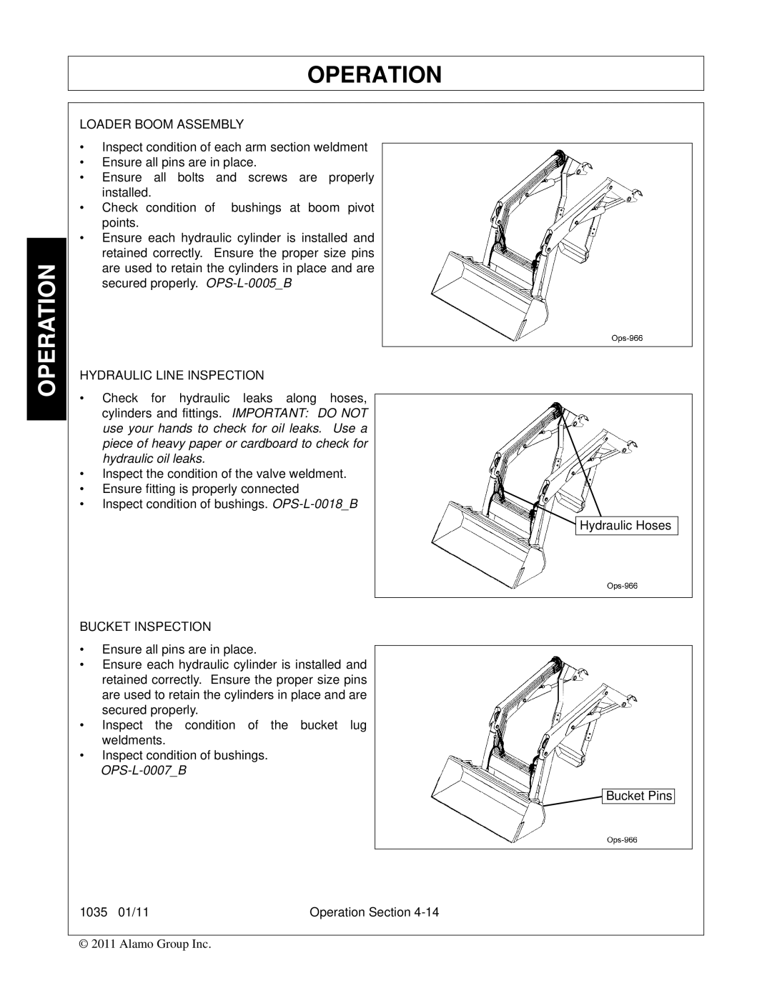 Bush Hog 1035 manual Loader Boom Assembly, Hydraulic Line Inspection, Bucket Inspection 