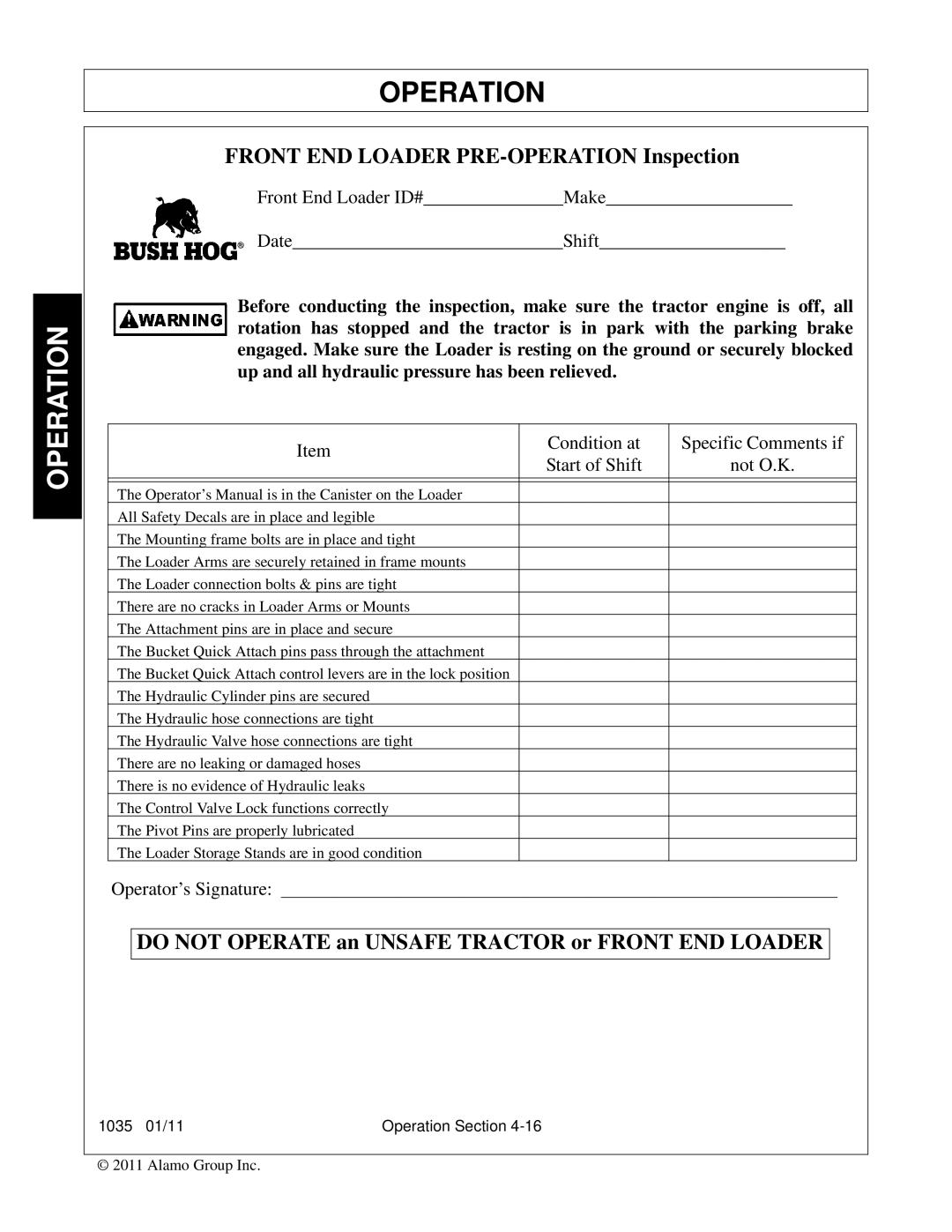 Bush Hog 1035 manual Do not Operate an Unsafe Tractor or Front END Loader 