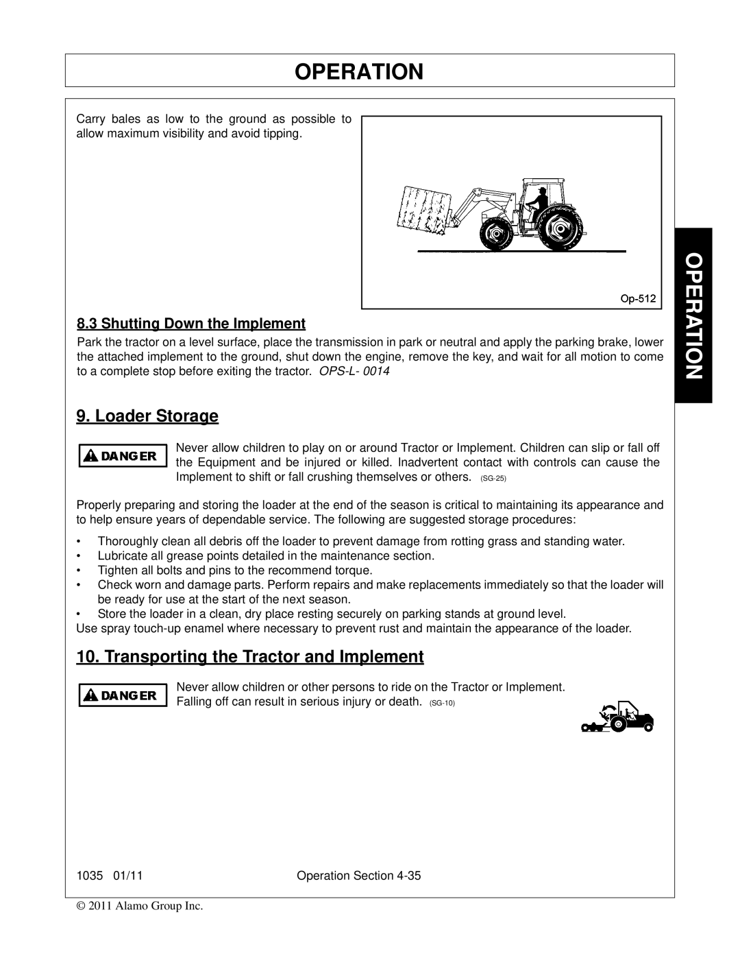 Bush Hog 1035 manual Loader Storage, Transporting the Tractor and Implement, Shutting Down the Implement 