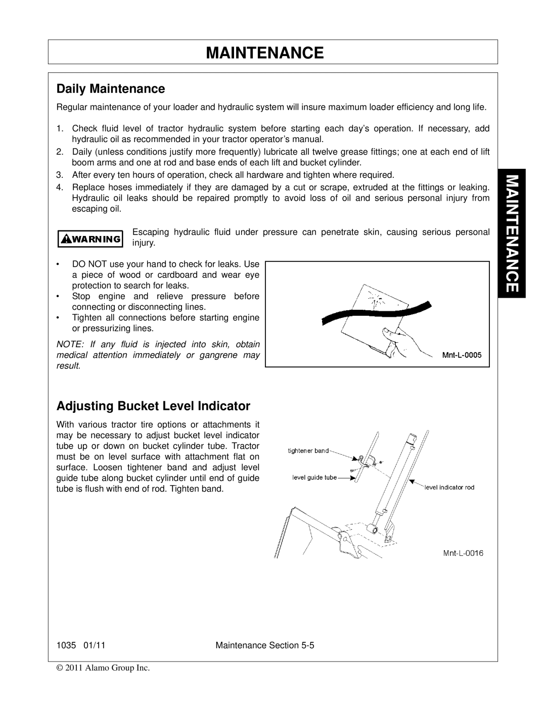 Bush Hog 1035 manual Daily Maintenance, Adjusting Bucket Level Indicator 