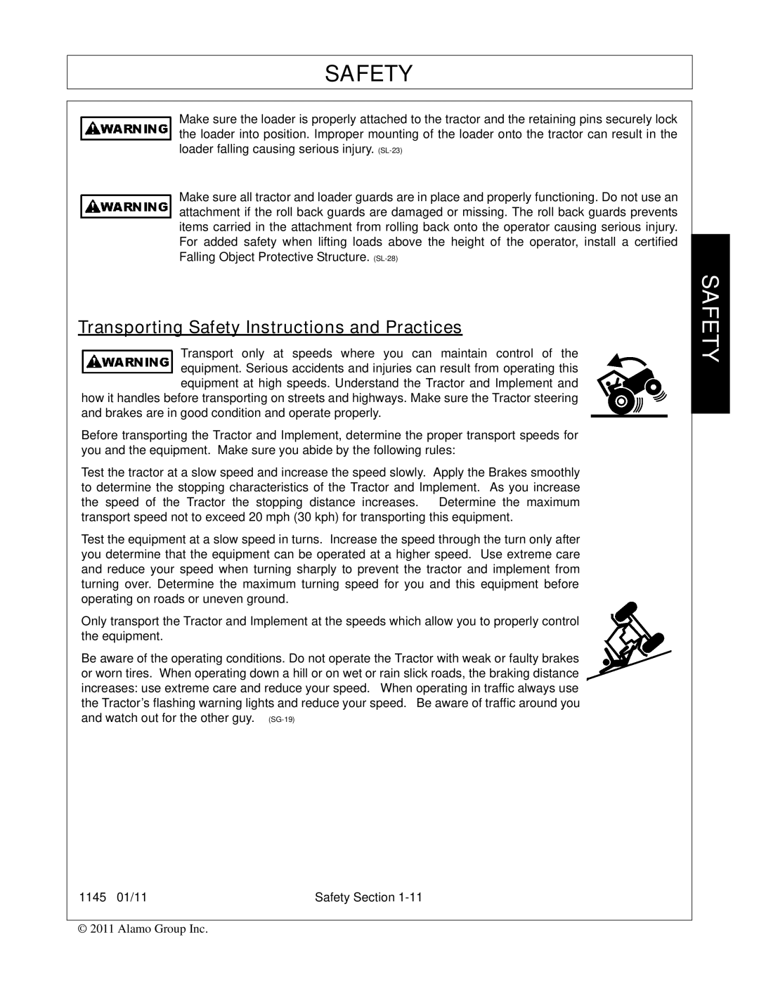 Bush Hog 1145 manual Transporting Safety Instructions and Practices 