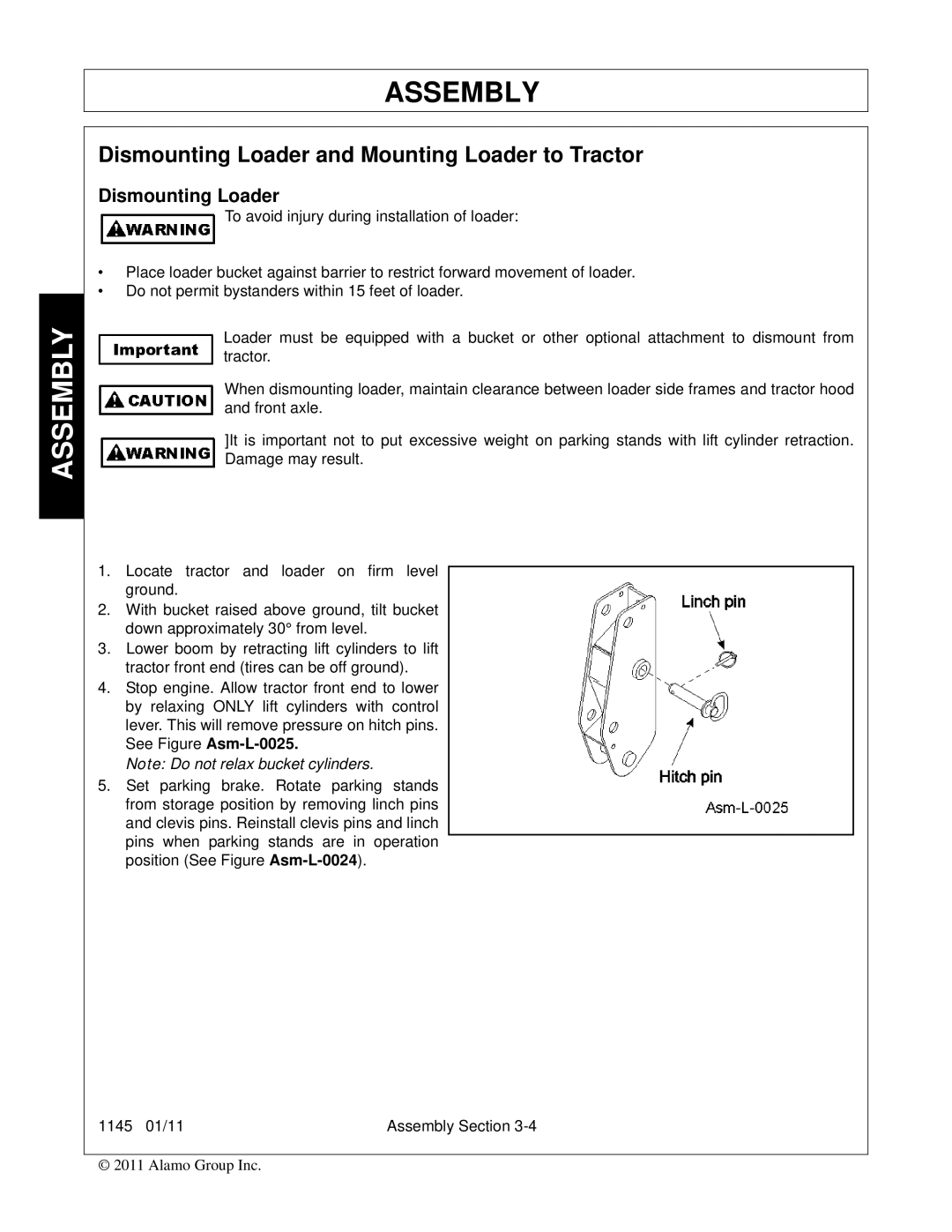 Bush Hog 1145 manual Dismounting Loader and Mounting Loader to Tractor 