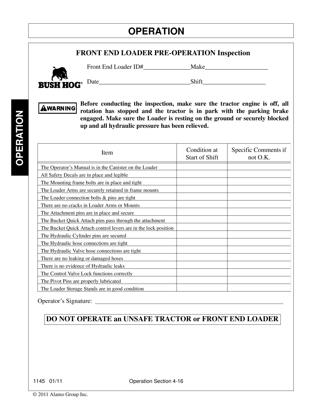 Bush Hog 1145 manual Do not Operate an Unsafe Tractor or Front END Loader 