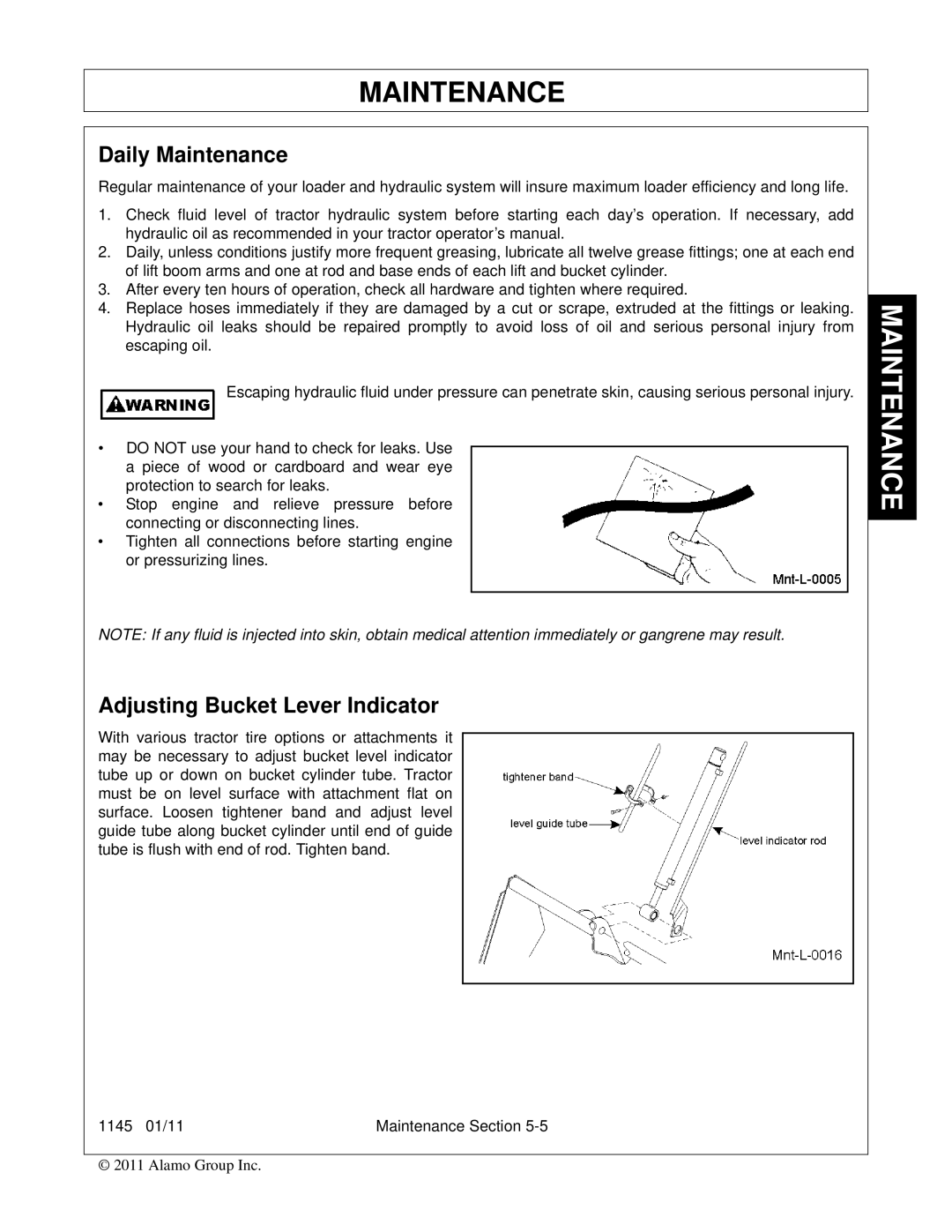 Bush Hog 1145 manual Daily Maintenance, Adjusting Bucket Lever Indicator 