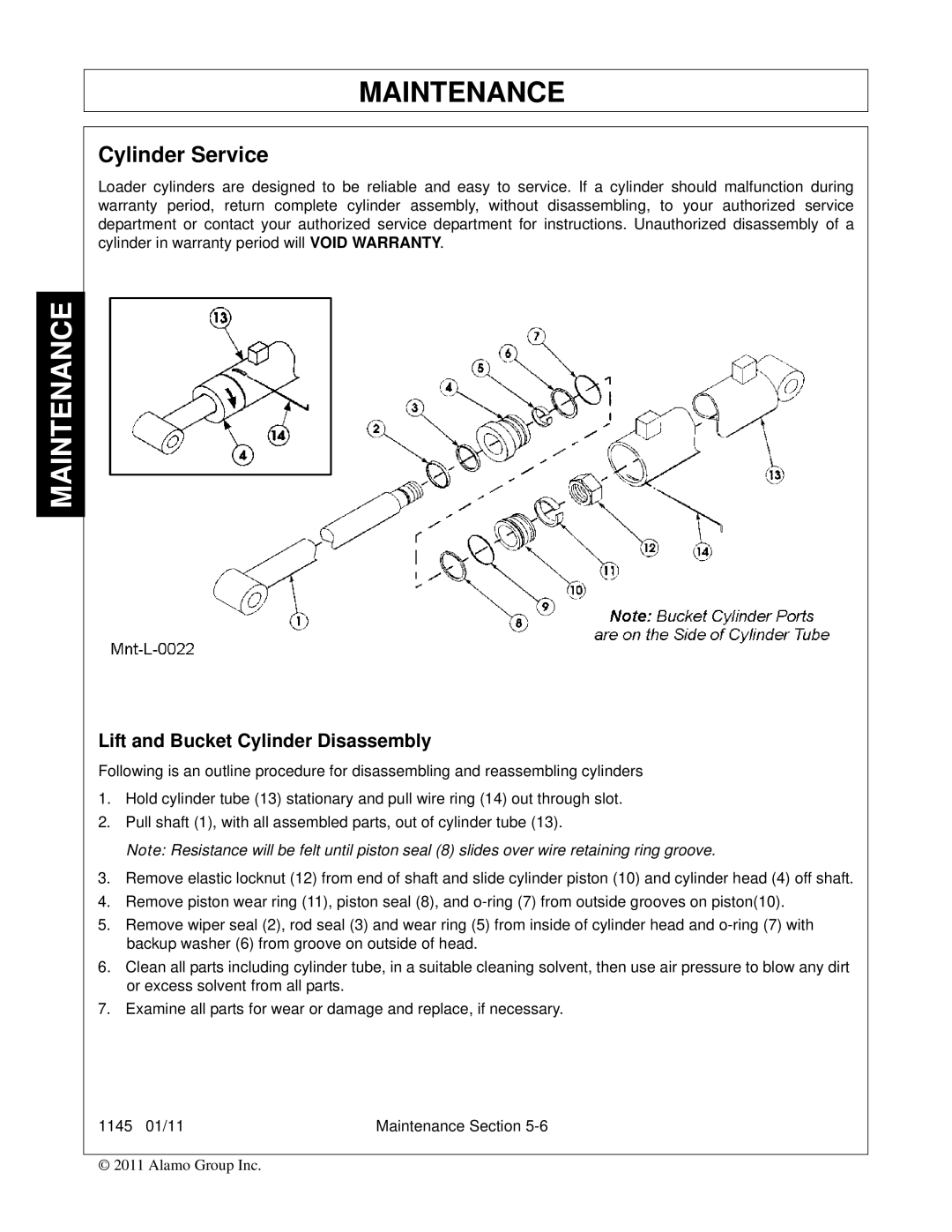 Bush Hog 1145 manual Cylinder Service, Lift and Bucket Cylinder Disassembly 