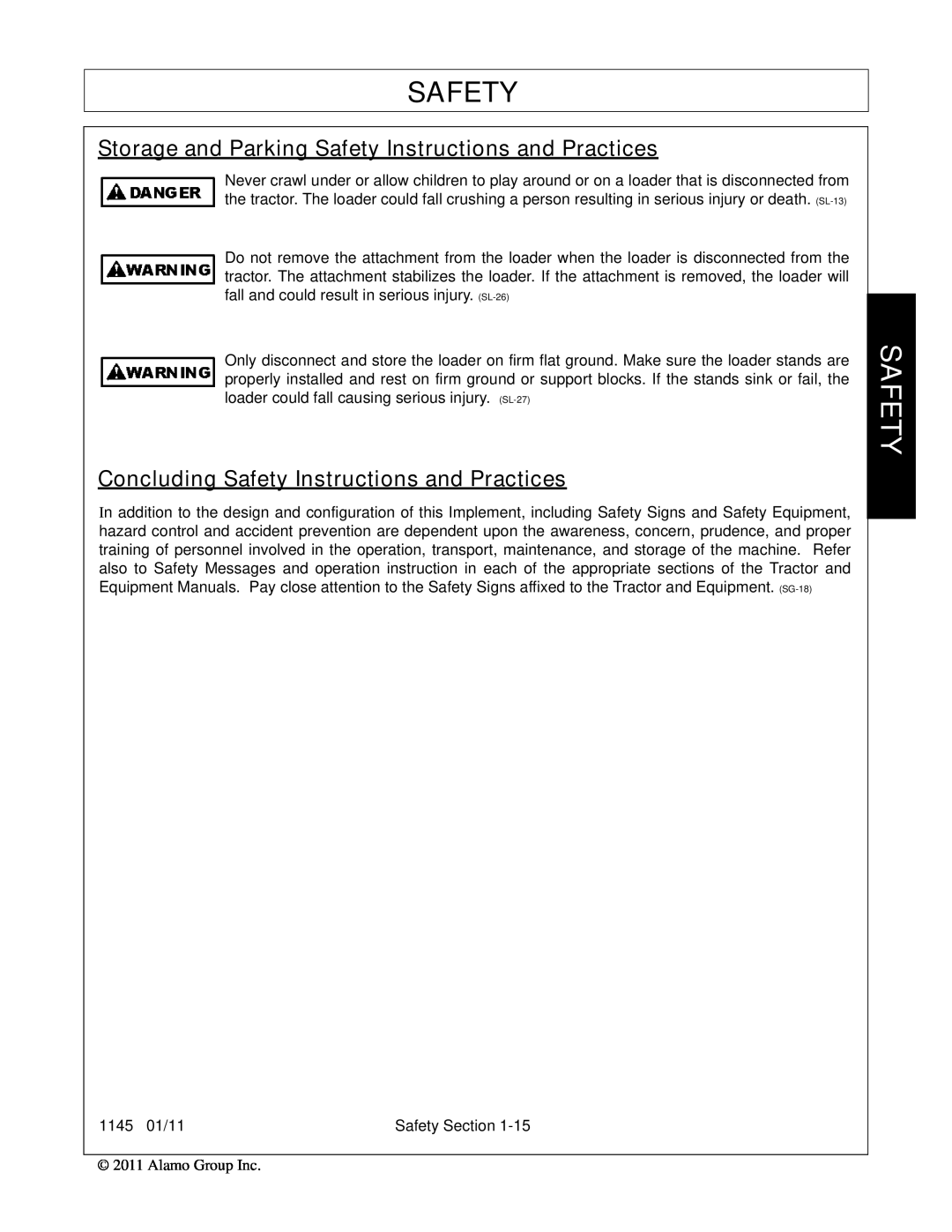 Bush Hog 1145 Storage and Parking Safety Instructions and Practices, Concluding Safety Instructions and Practices 