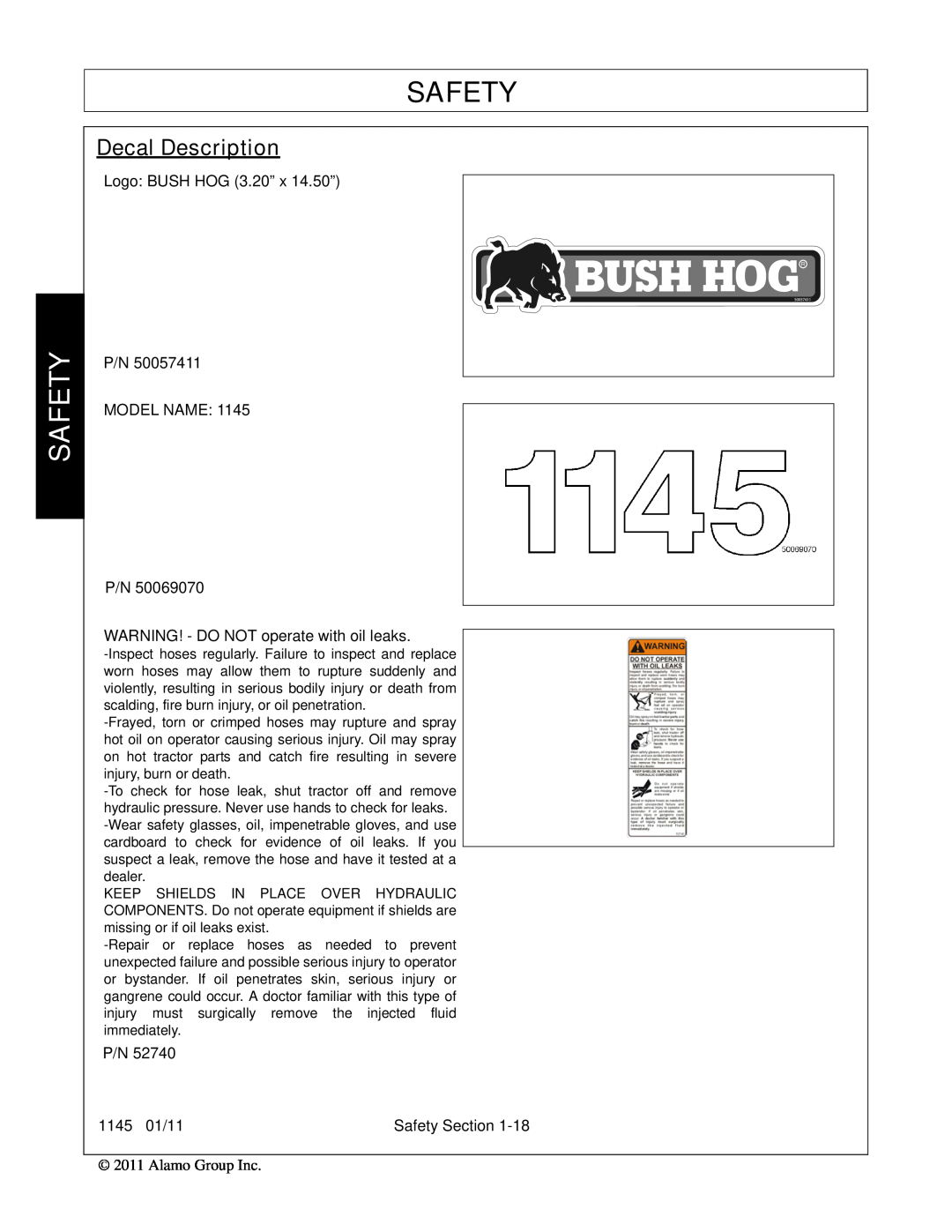 Bush Hog 1145 manual Safety, Decal Description 
