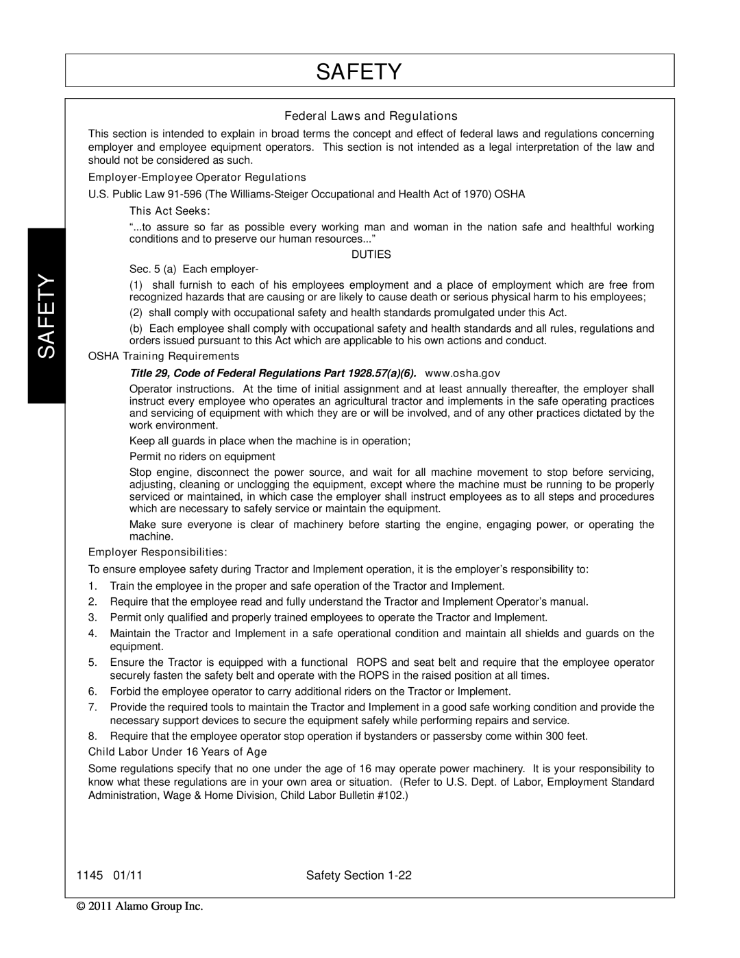 Bush Hog 1145 manual Safety, Employer-Employee Operator Regulations, This Act Seeks, Duties, OSHA Training Requirements 