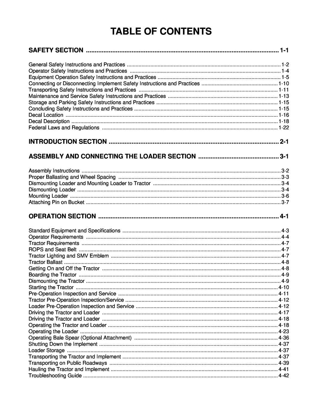 Bush Hog 1145 manual Table Of Contents, Safety Section, Introduction Section, Assembly And Connecting The Loader Section 