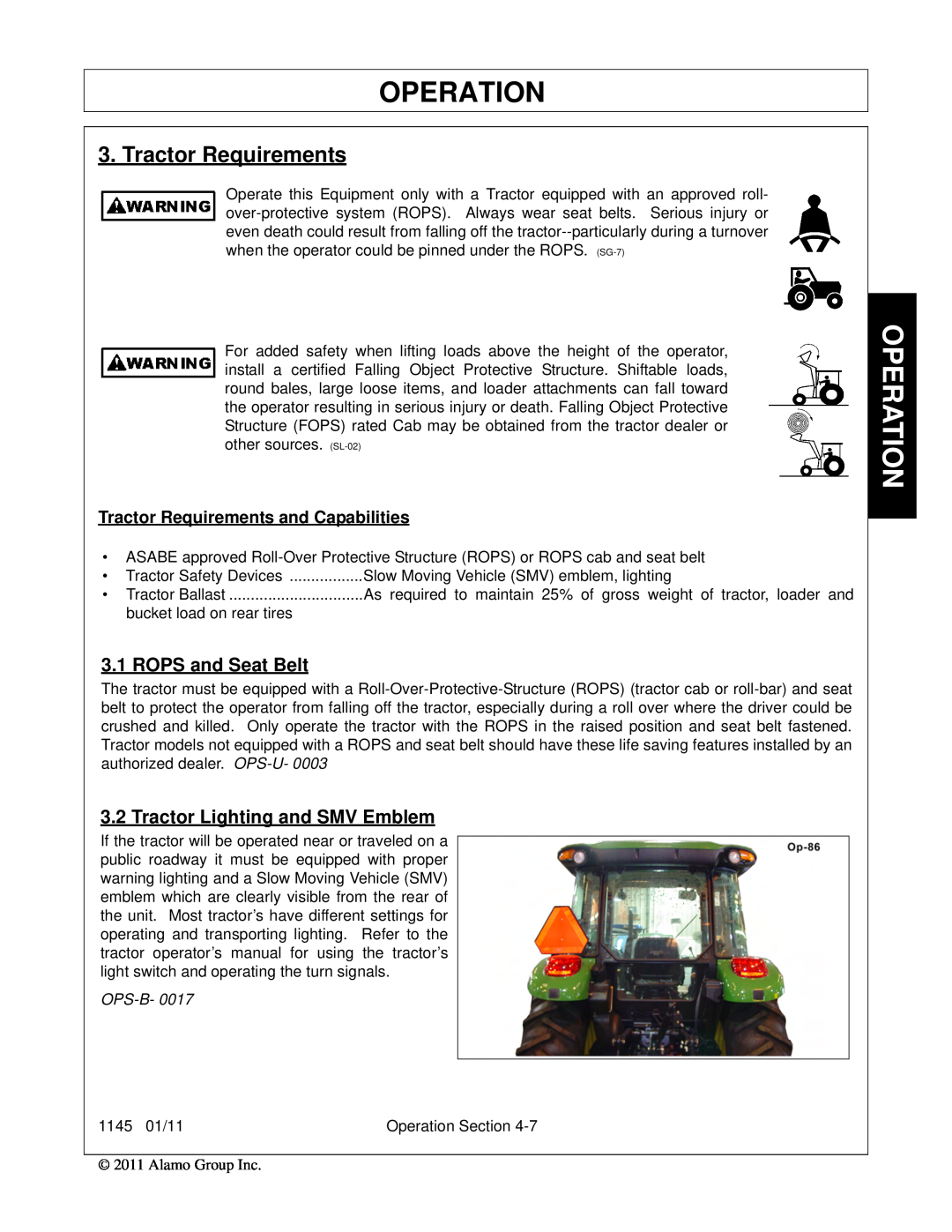 Bush Hog 1145 manual Operation, Tractor Requirements, ROPS and Seat Belt, Tractor Lighting and SMV Emblem, Ops-B 