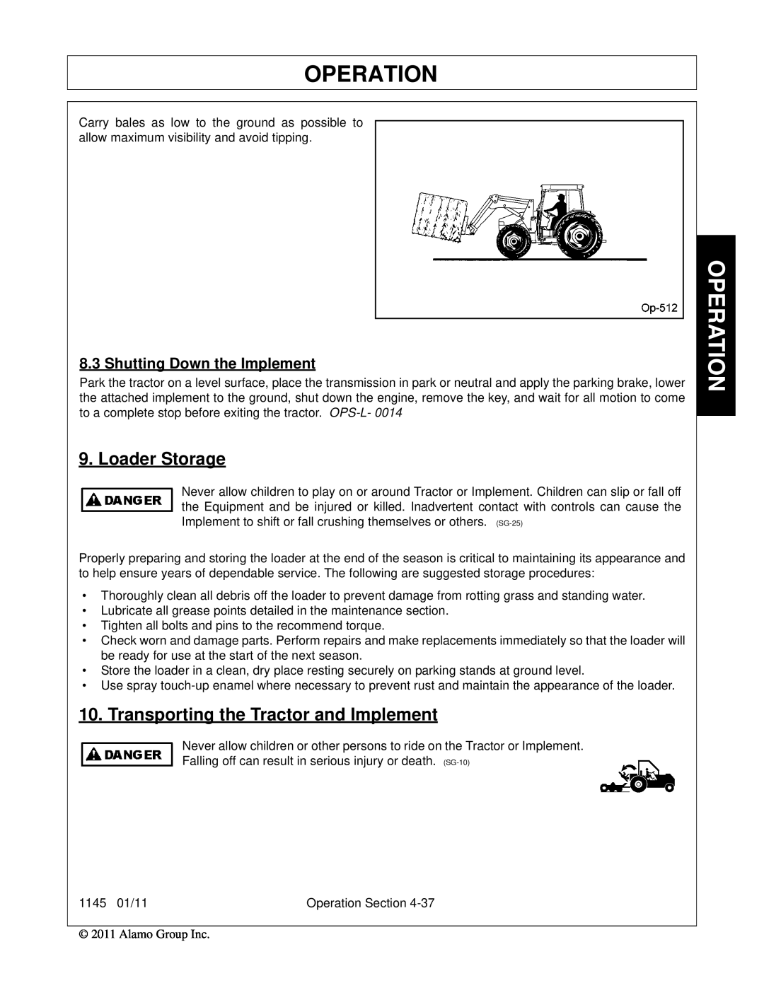 Bush Hog 1145 manual Operation, Loader Storage, Transporting the Tractor and Implement, Shutting Down the Implement 