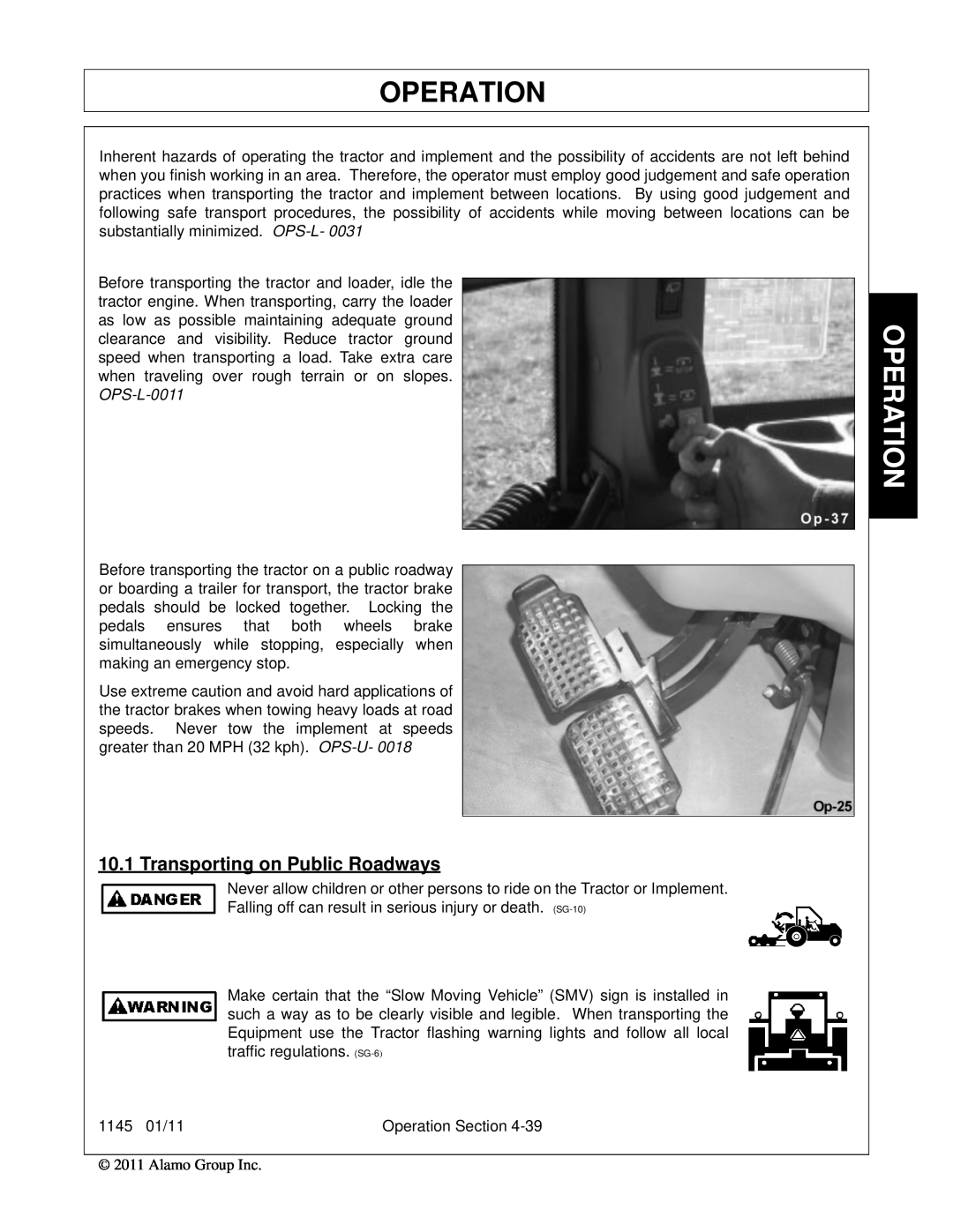 Bush Hog 1145 manual Operation, Transporting on Public Roadways 