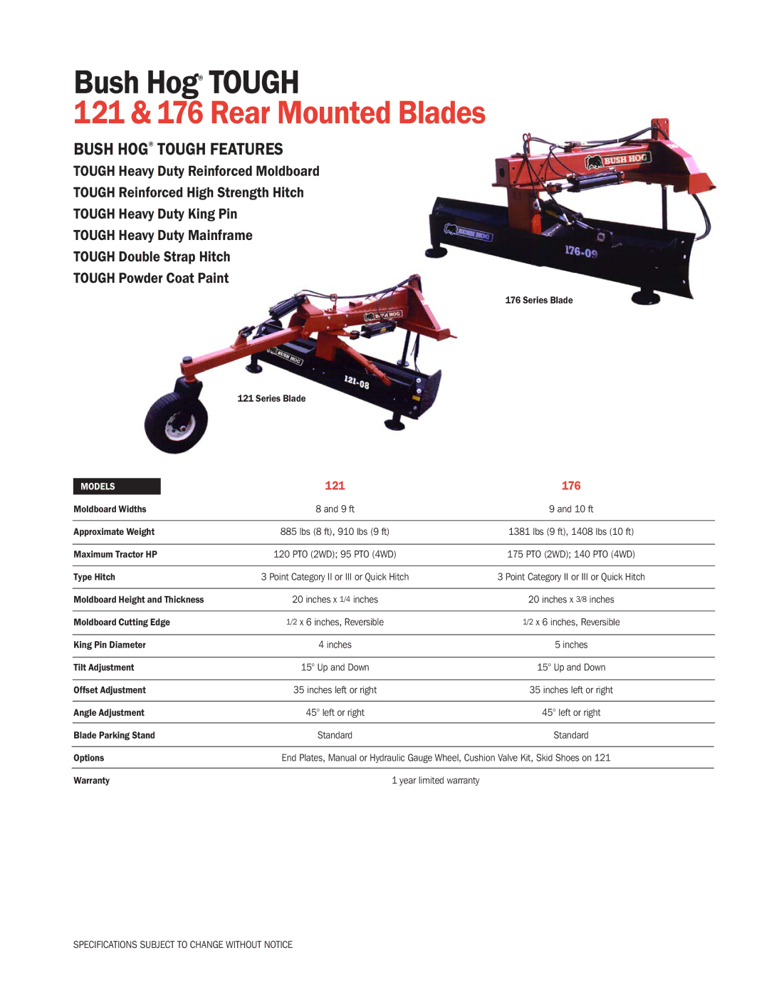 Bush Hog specifications 121 & 176 Rear Mounted Blades, Bush Hog Tough Features, 121 176 