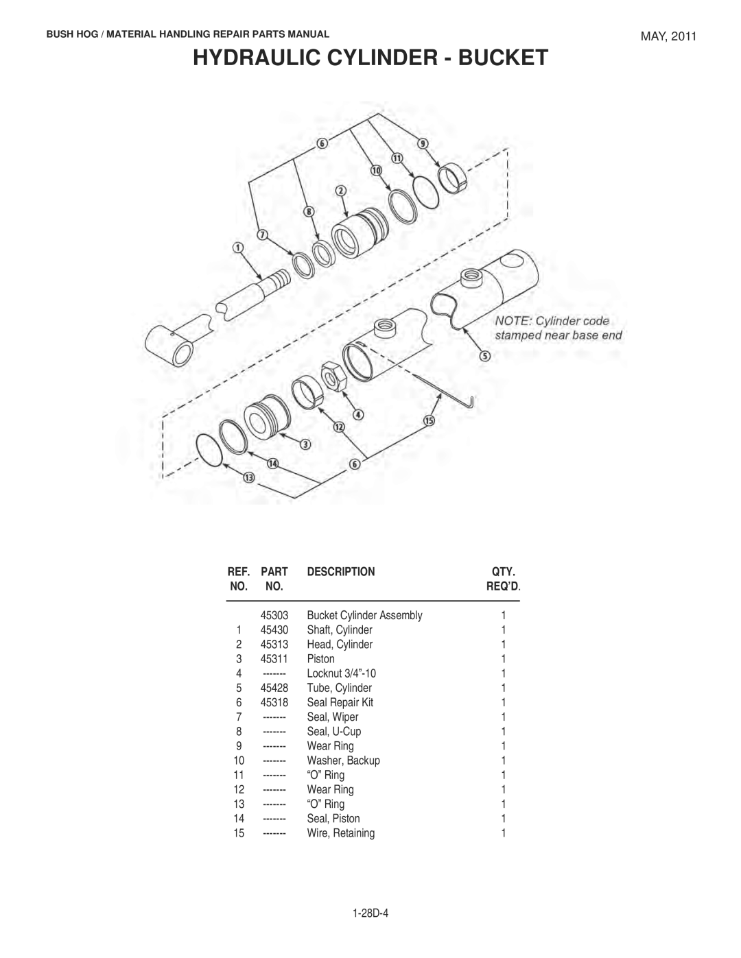 Bush Hog 1747 manual Hydraulic Cylinder Bucket 