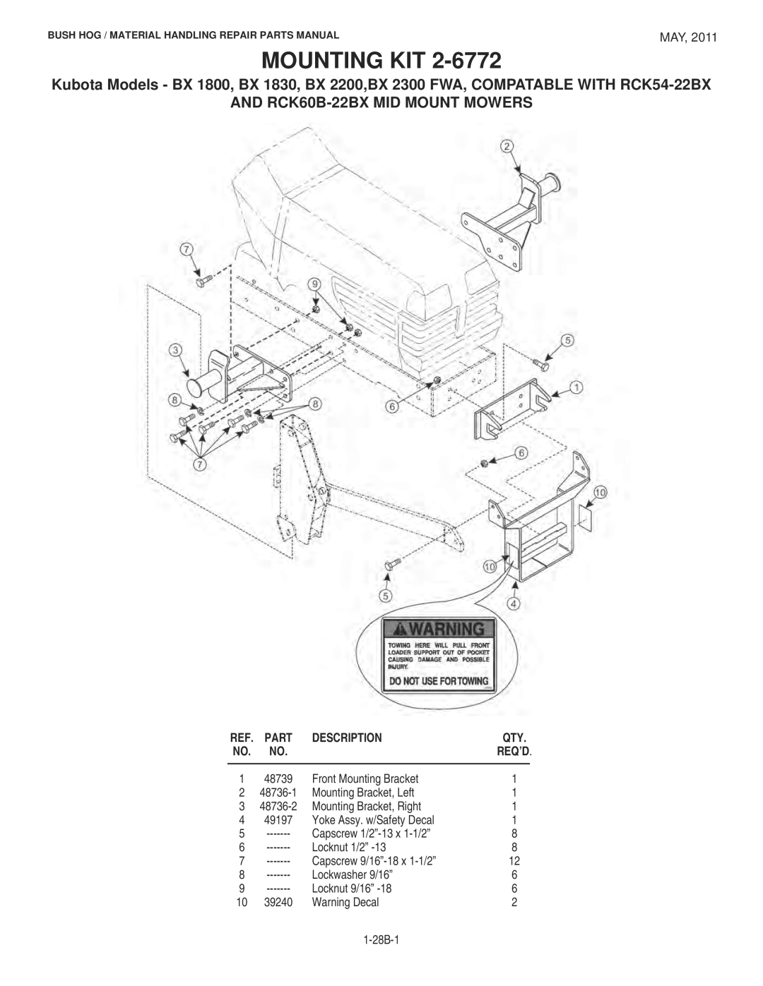 Bush Hog 1747 manual Mounting KIT, RCK60B-22BX MID Mount Mowers 