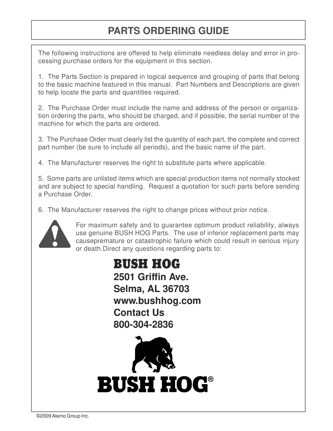 Bush Hog 1747 manual Bush Hog, Parts Ordering Guide 