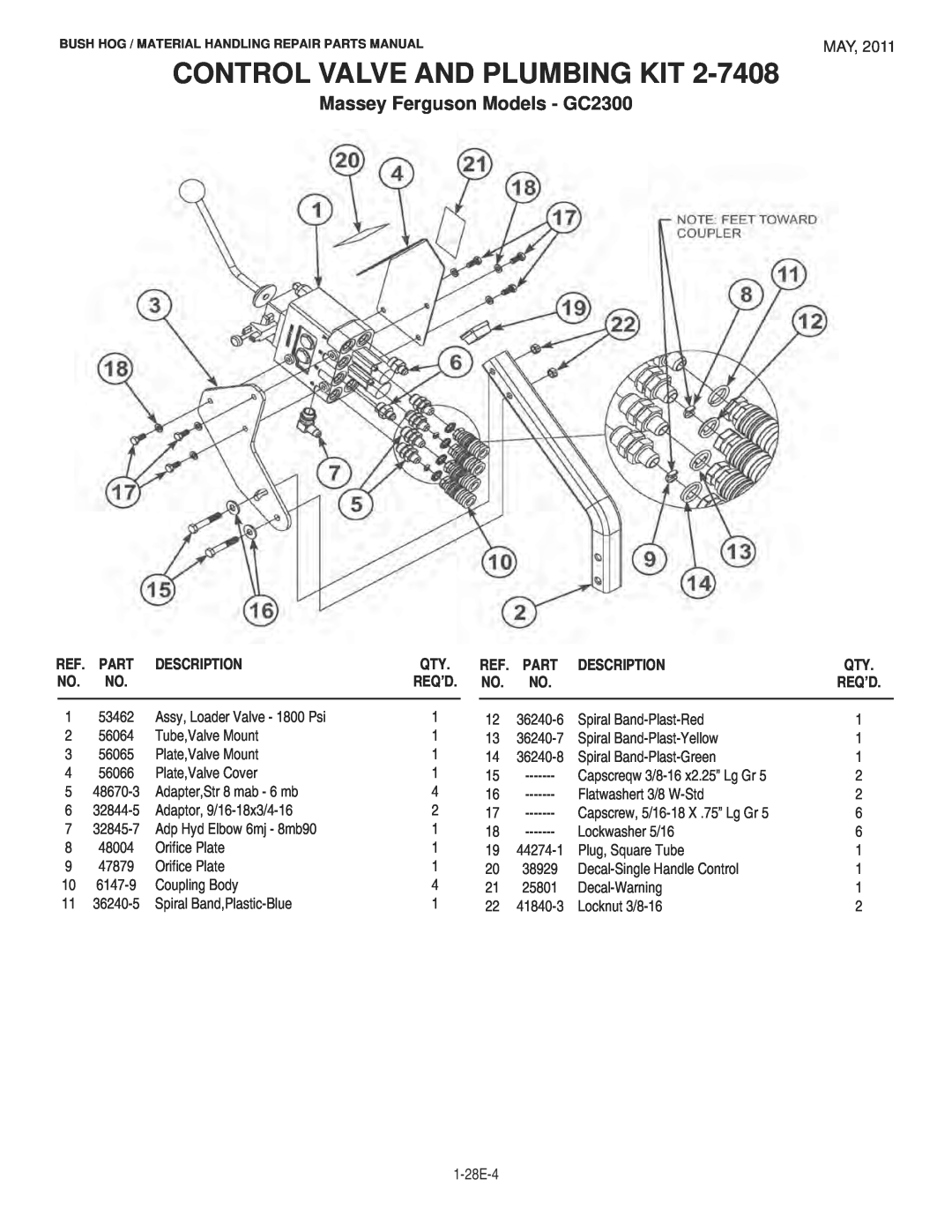Bush Hog 1747 manual Control Valve And Plumbing Kit, Massey Ferguson Models - GC2300, Description 