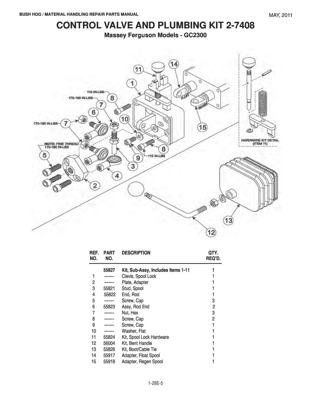 Bush Hog 1747 manual Control Valve And Plumbing Kit, Massey Ferguson Models - GC2300, Description 