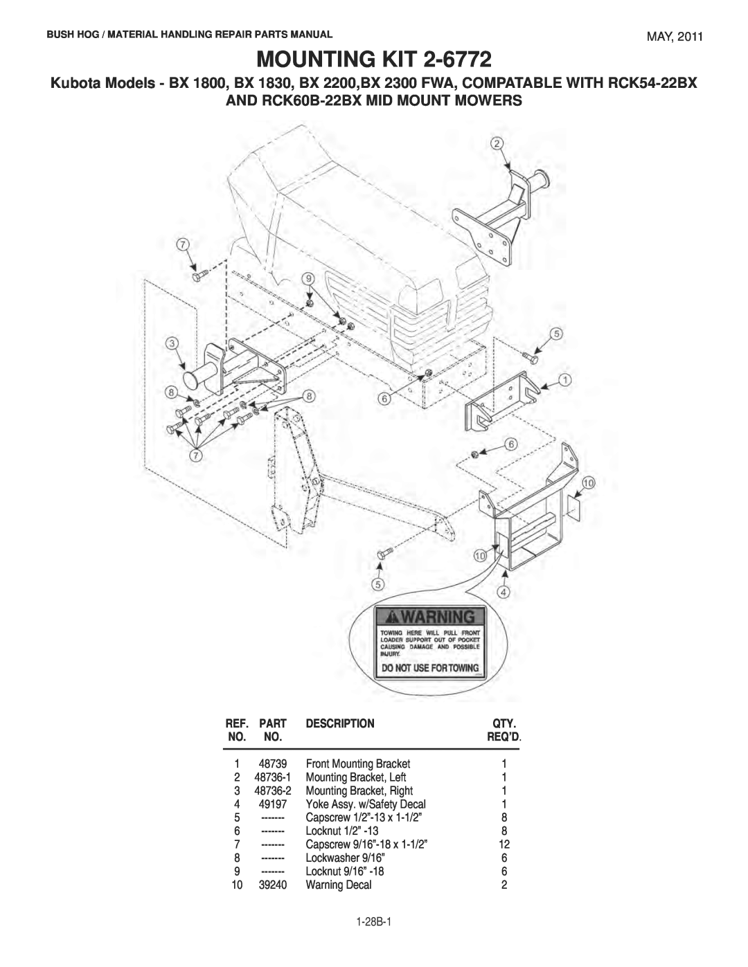 Bush Hog 1747 manual Mounting Kit, AND RCK60B-22BX MID MOUNT MOWERS, Description 