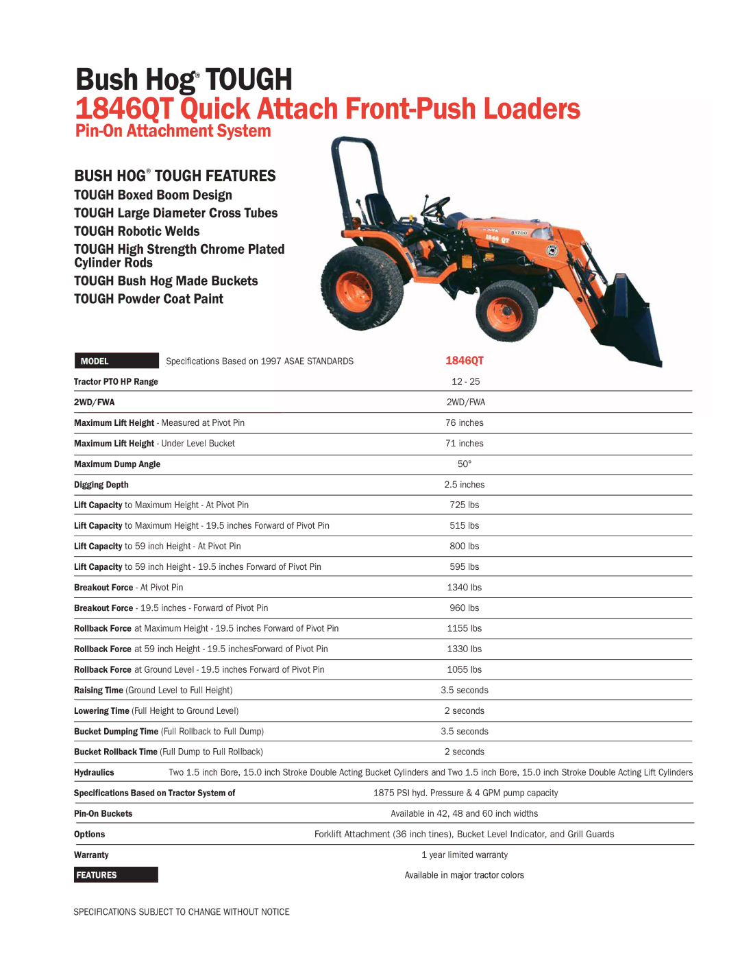 Bush Hog specifications 1846QT Quick Attach Front-Push Loaders, Pin-On Attachment System, Bush Hog Tough Features 