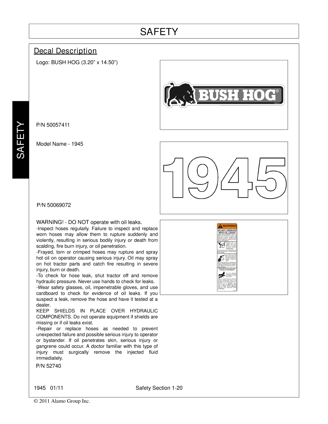 Bush Hog 1945 manual Decal Description, Logo Bush HOG 3.20 x Model Name 