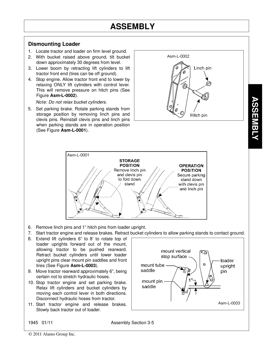 Bush Hog 1945 manual Assembly, Dismounting Loader 