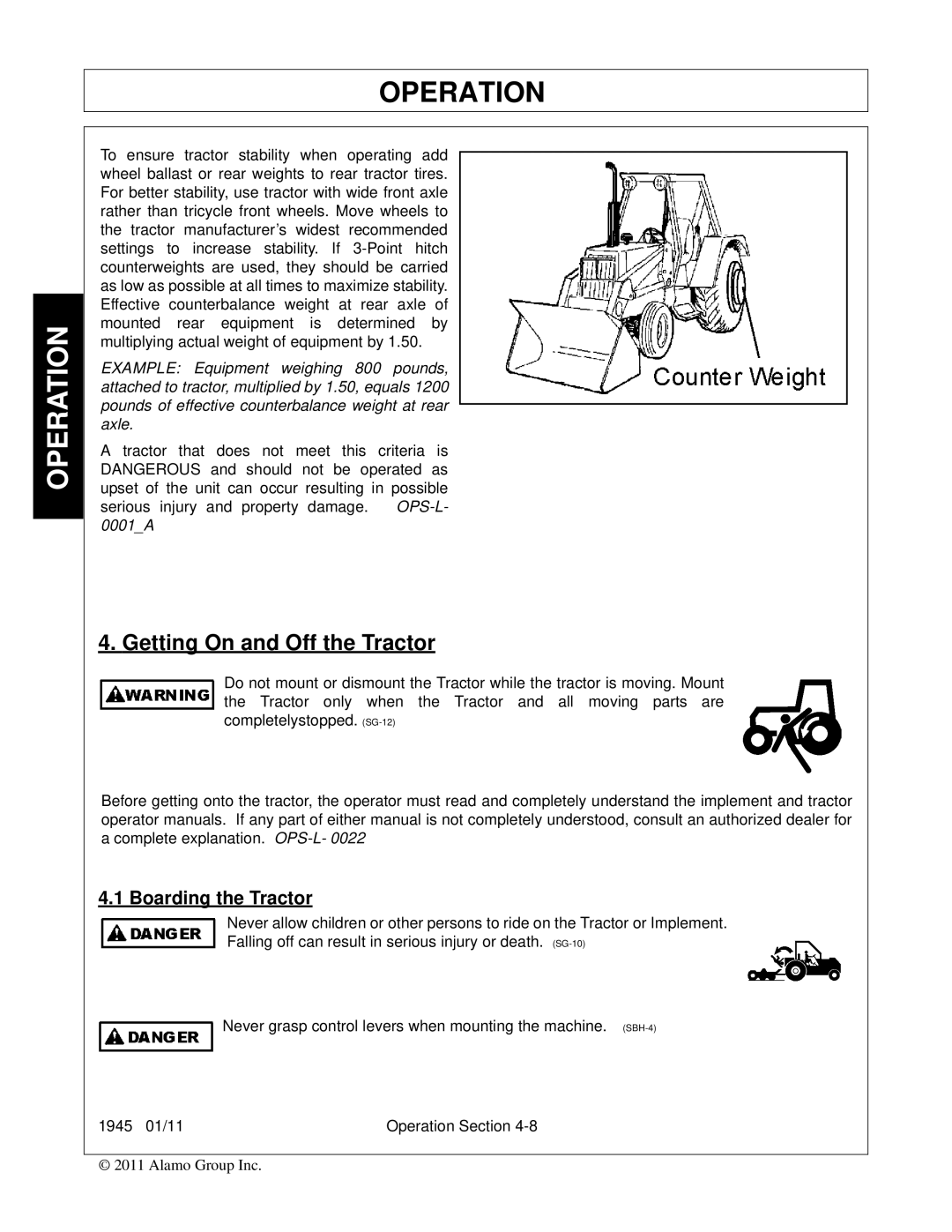 Bush Hog 1945 manual Getting On and Off the Tractor, Boarding the Tractor 