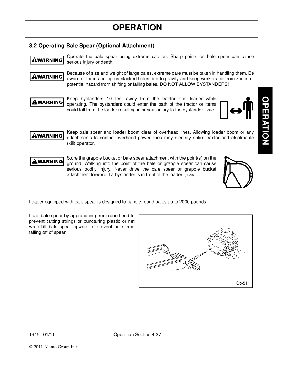 Bush Hog 1945 manual Operating Bale Spear Optional Attachment 