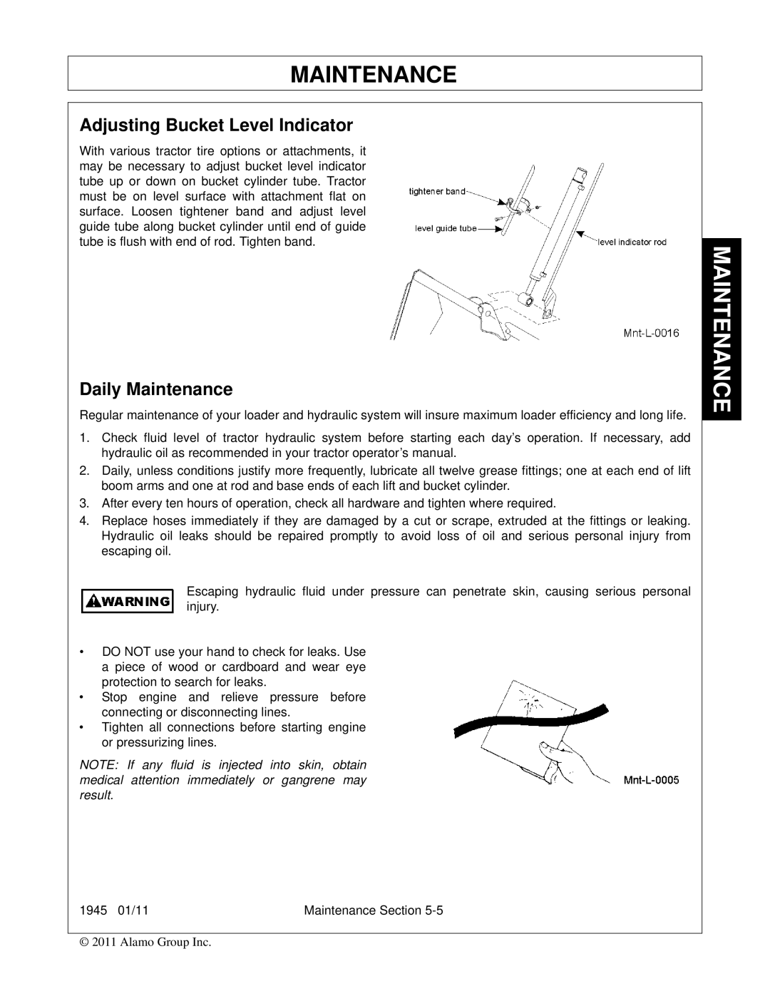 Bush Hog 1945 manual Adjusting Bucket Level Indicator, Daily Maintenance 