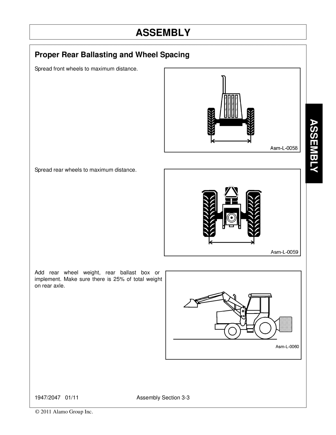 Bush Hog 2047, 1947 manual Proper Rear Ballasting and Wheel Spacing 