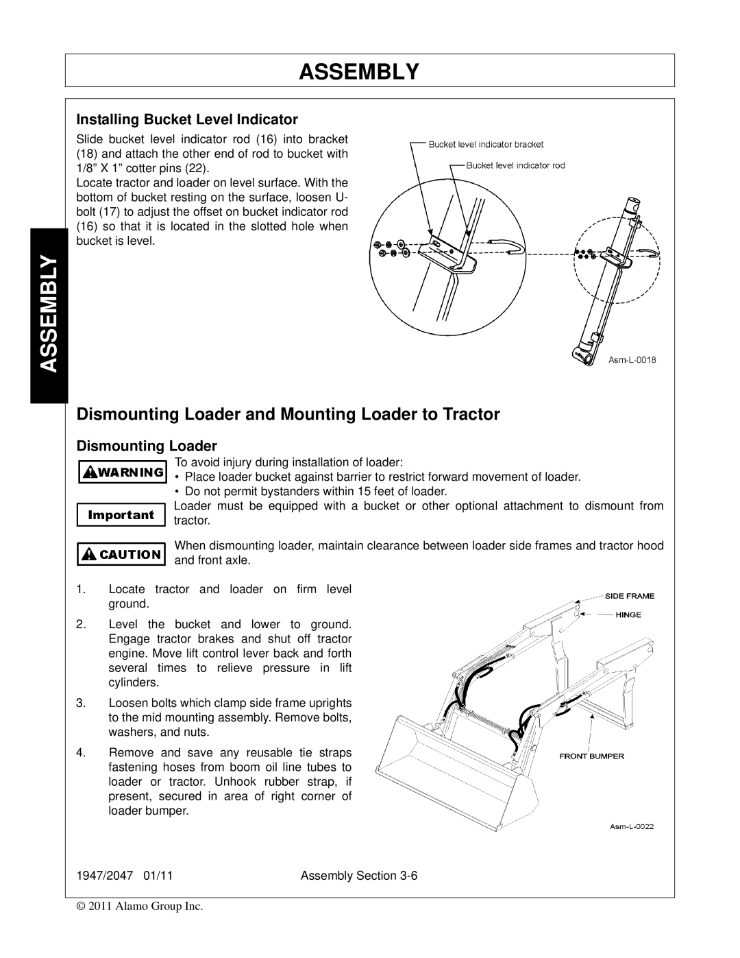 Bush Hog 1947, 2047 manual Dismounting Loader and Mounting Loader to Tractor, Installing Bucket Level Indicator 