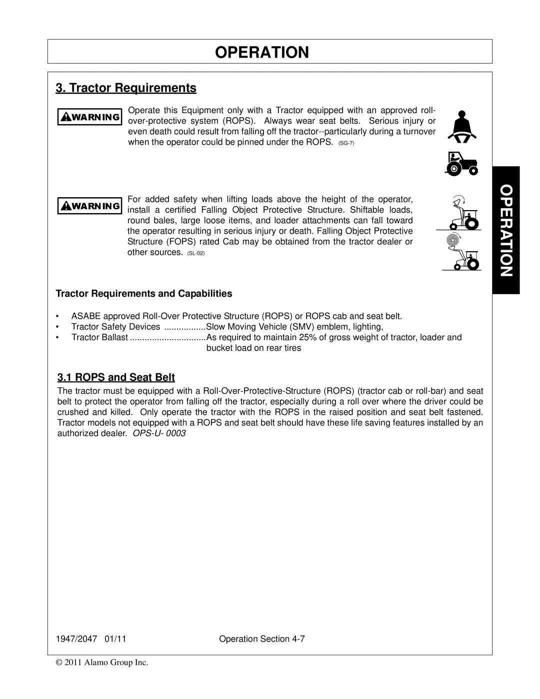 Bush Hog 2047, 1947 manual Tractor Requirements, Rops and Seat Belt 