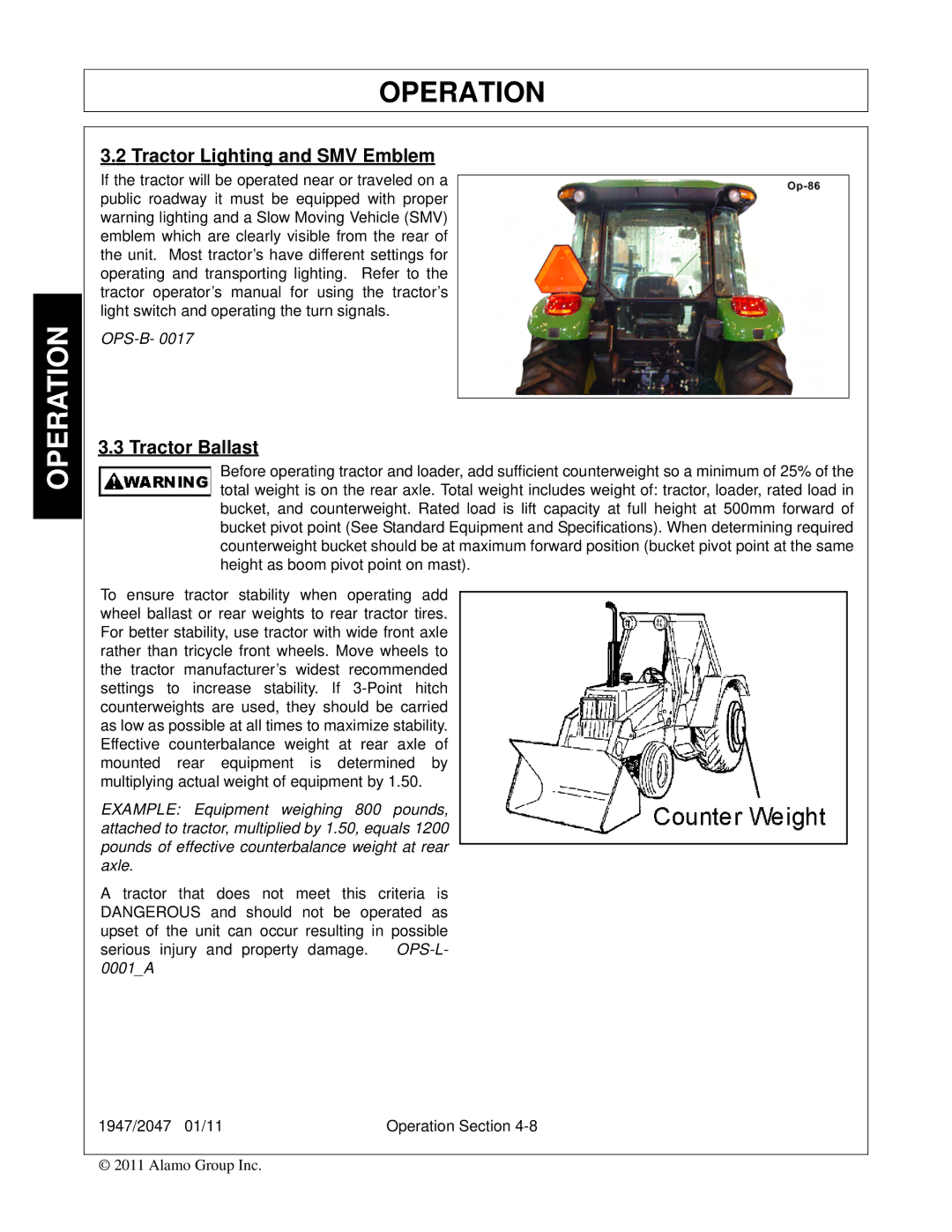 Bush Hog 1947, 2047 manual Tractor Lighting and SMV Emblem, Tractor Ballast 